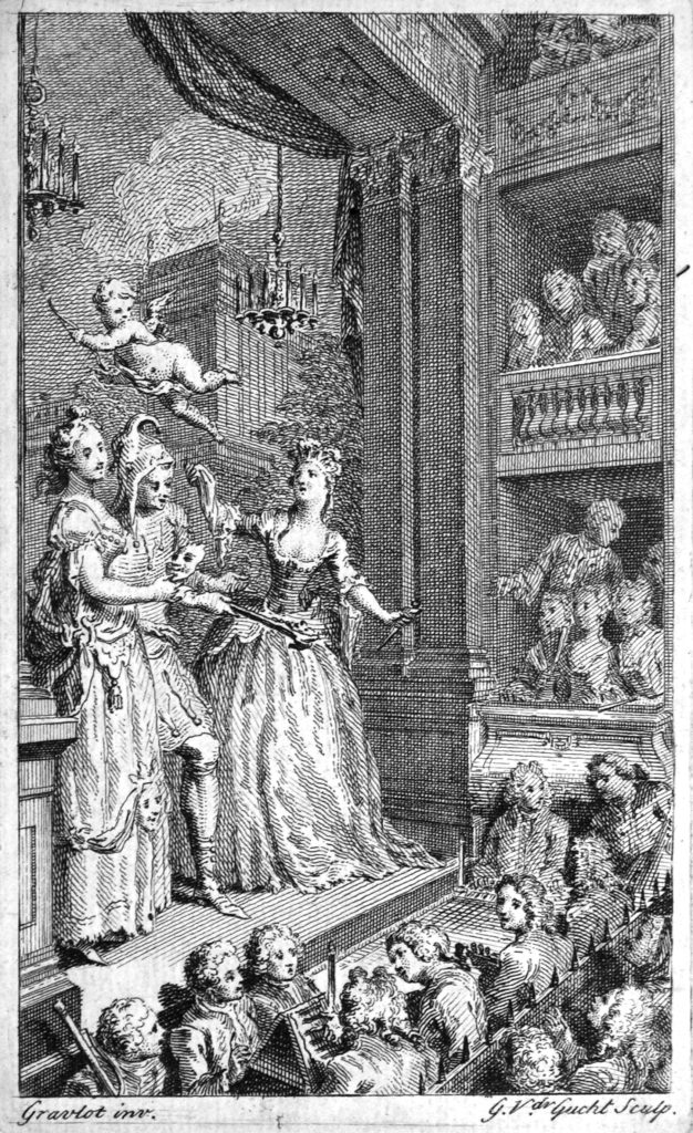 Hubert-François Bourguignon d'Anville, dit Gravelot (1799-1773), Allégorie du théâtre, gravure à l'eau forte en taille douce réalisée par Gérard Vander Gucht. Ashmolean Museum, Oxford, Douce Porfolio S.2