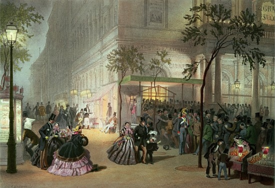 Eugène Charles Francois Guerard, La queue devant le théâtre de l'Ambigu-Comique, 1830.