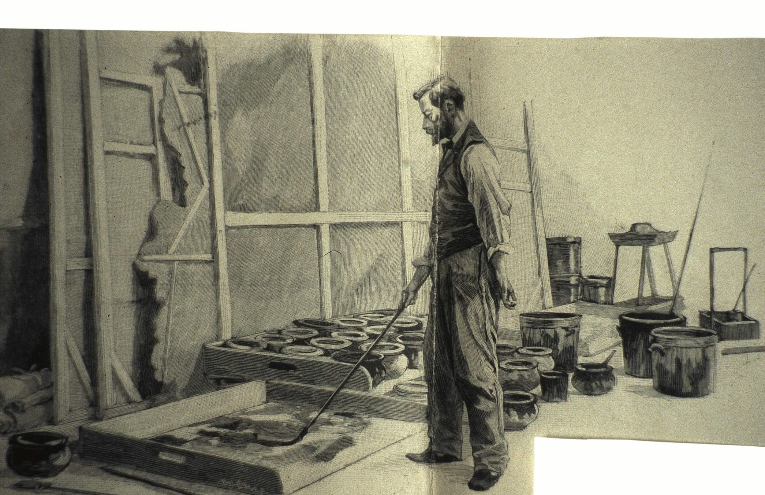 Georges Redon. Peintre en décors devant la palette et les « camions », utilisant un pinceau à long manche. Dessin paru dans L’Illustration, № 2661, 24 février 1894, p. 156. © SHT.