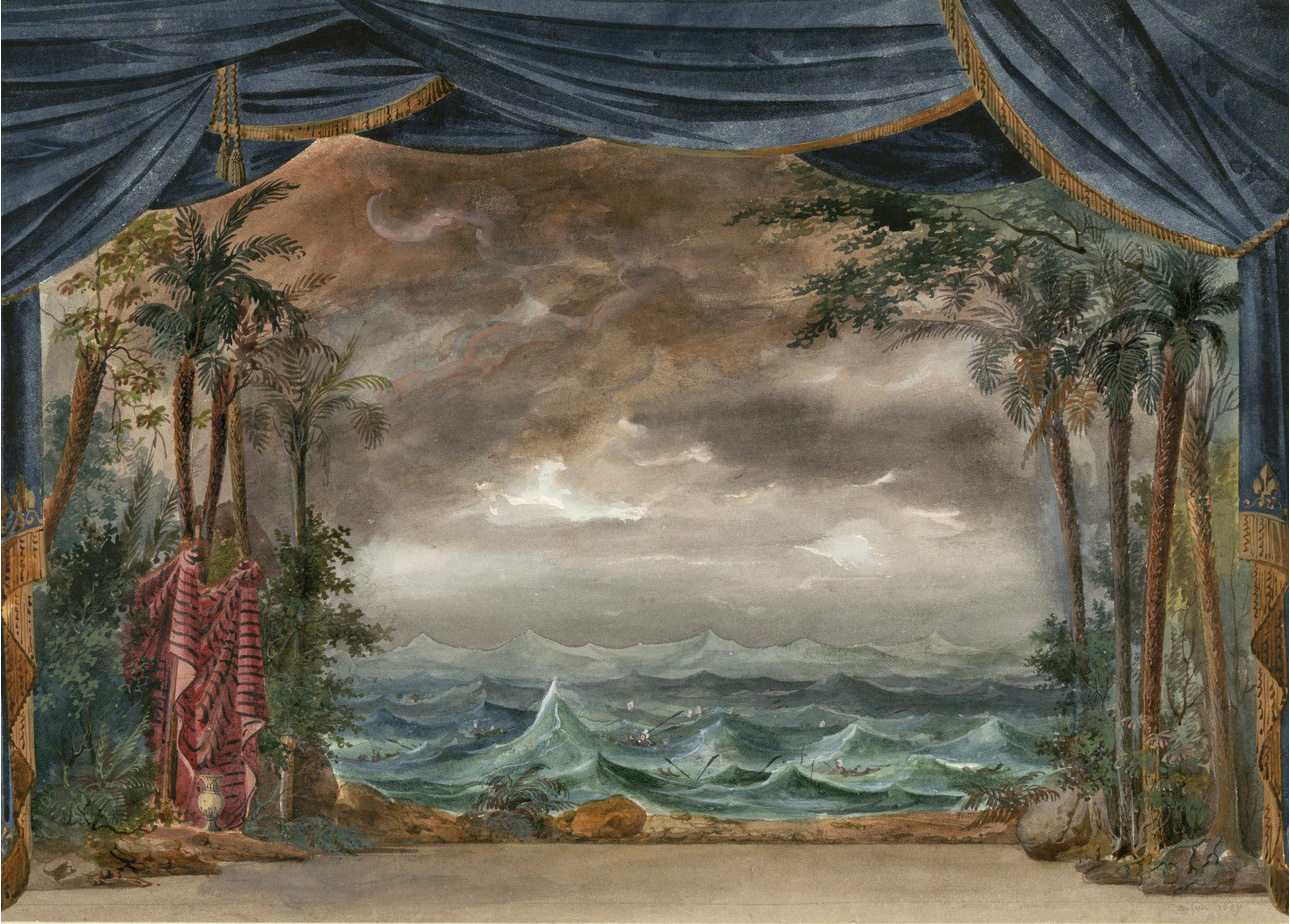 Auguste Caron, esquisse de décor représentant la Mer rouge engloutissant les armées du Pharaon, pour Moïse (acte IV, IIe tableau), opéra de Rossini, créé le 26 mars 1827 à l’Académie Royale de Musique. BnF/Gallica