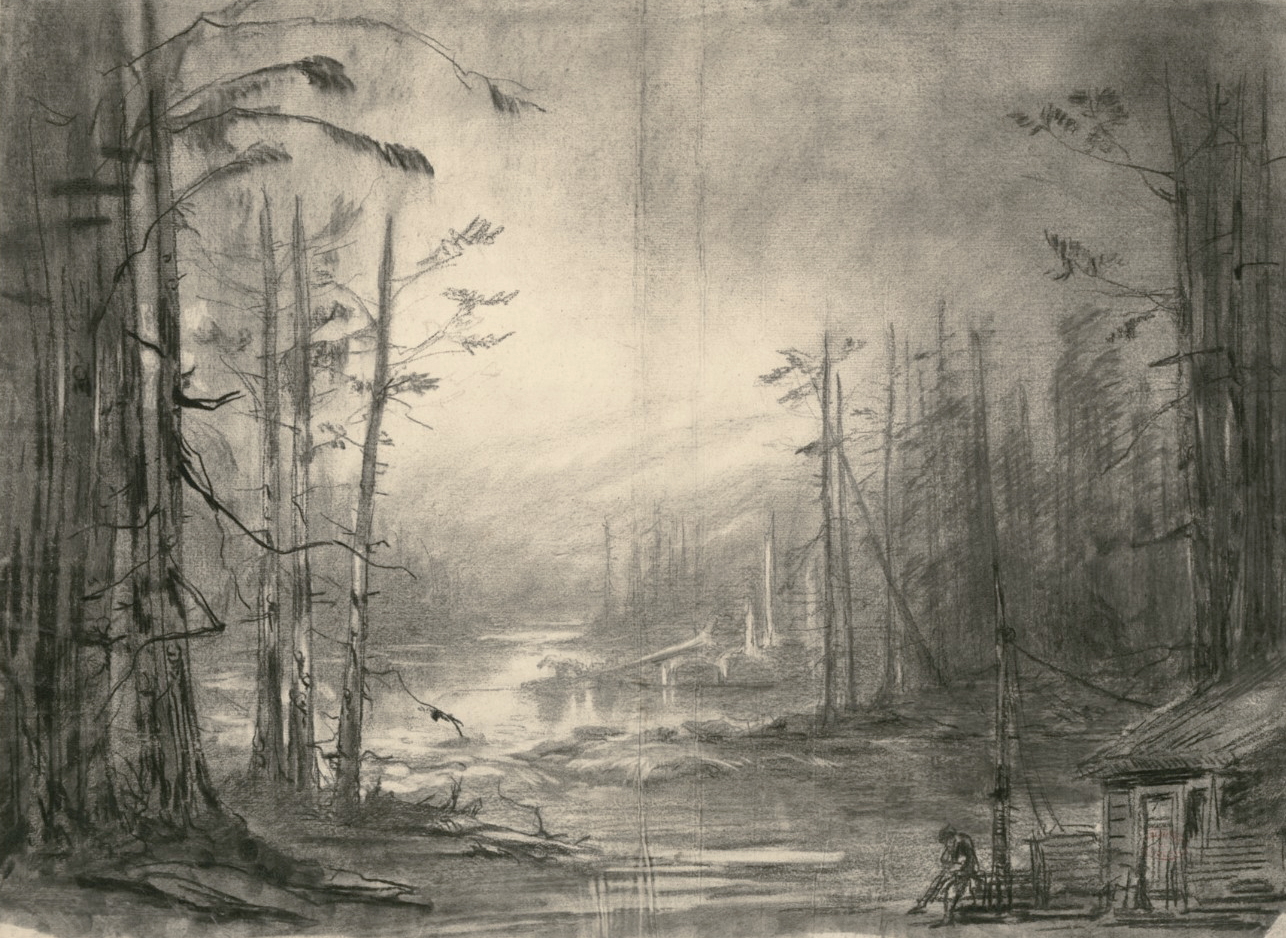 Esquisse de décor non identifiée, représentant un personnage solitaire dans une sombre forêt, XIXe siècle. BnF/Gallica