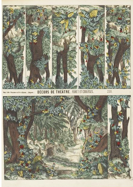Décor pour théâtre de papier : forêt et coulisses, estampe, imprimerie Pellerin, 1864. MuCEM
