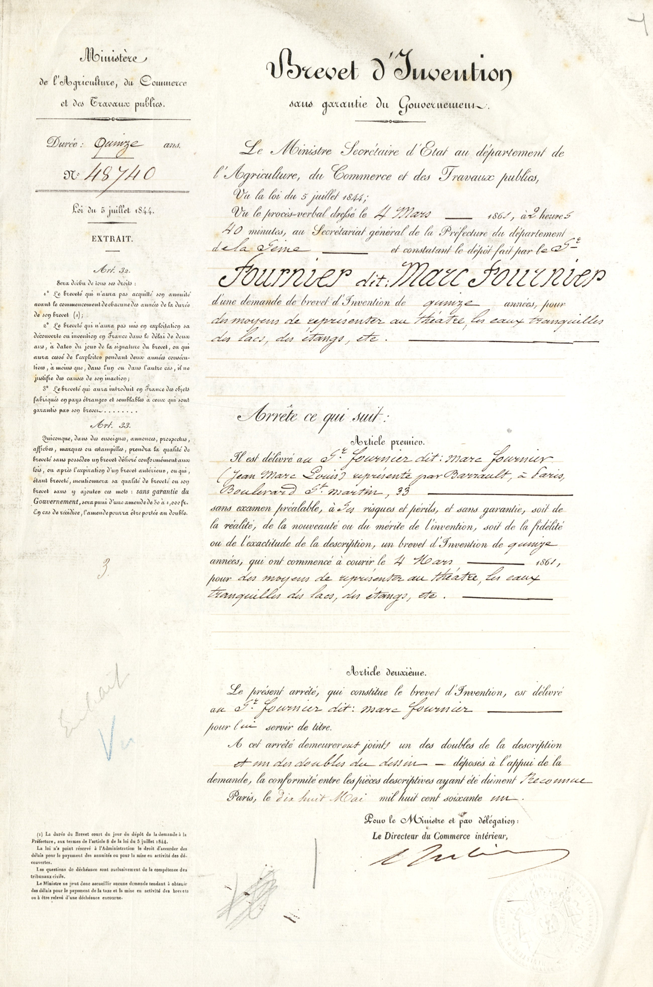 Moyens de représenter au théâtre les eaux tranquilles des lacs, des étangs, etc. Brevet d'invention de Jean-Marc-Louis dit MARC-FOURNIER, directeur du Théâtre de la Porte Saint-Martin, boulevard Saint-Martin à Paris, 4 mars 1861. Cote : 48740 1BB48740, INPI.