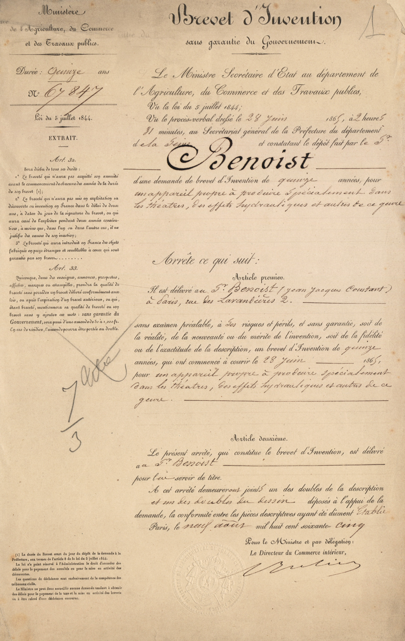 Appareil propre à produire, spécialement dans les théâtres, des effets hydrauliques et autres de ce genre. Brevet d'invention de Jean-Jacques-Constant BENOIST, rentier, Paris, rue des Lavandières-Sainte-Opportune, le 28 juin 1865. Cote : 67847 1BB67847. INPI