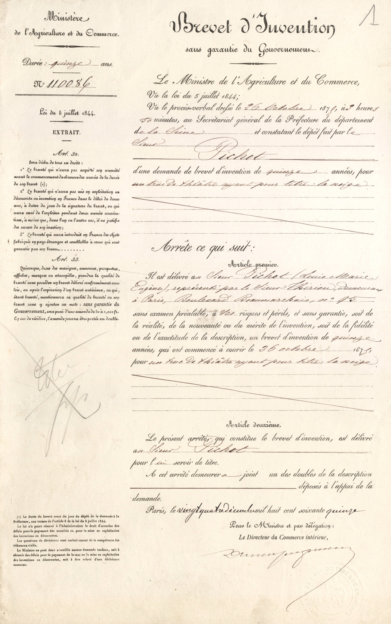 Truc de théâtre ayant pour titre la neige. Brevet d'invention de Louis-marie-Eugène PICHOT, boulevard Beaumarchais, Paris, le 26 octobre 1875. Cote : 110086 1BB110086. INPI