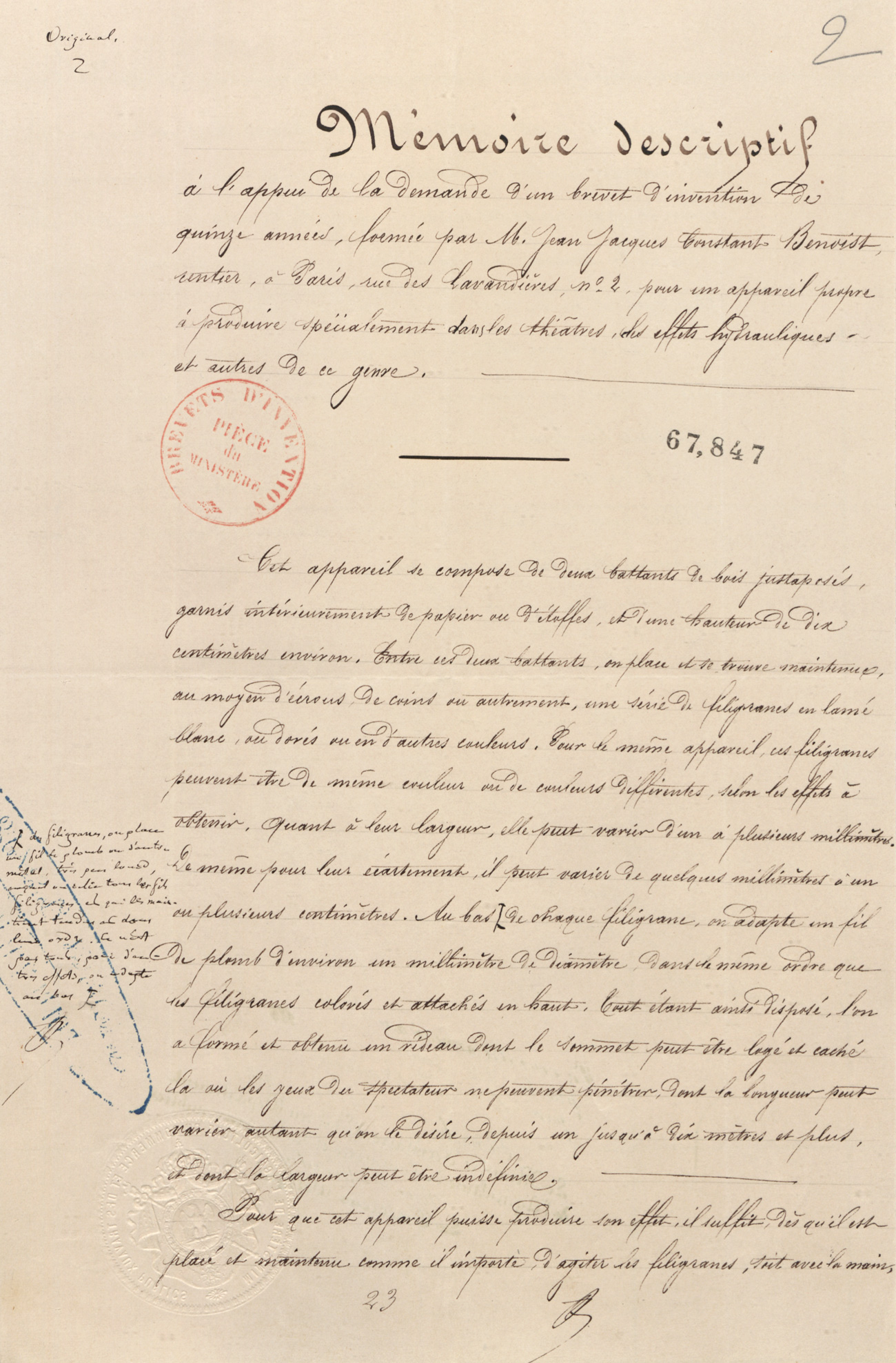 Appareil propre à produire, spécialement dans les théâtres, des effets hydrauliques et autres de ce genre. Brevet d'invention de Jean-Jacques-Constant BENOIST, rentier, Paris, rue des Lavandières-Sainte-Opportune, le 28 juin 1865