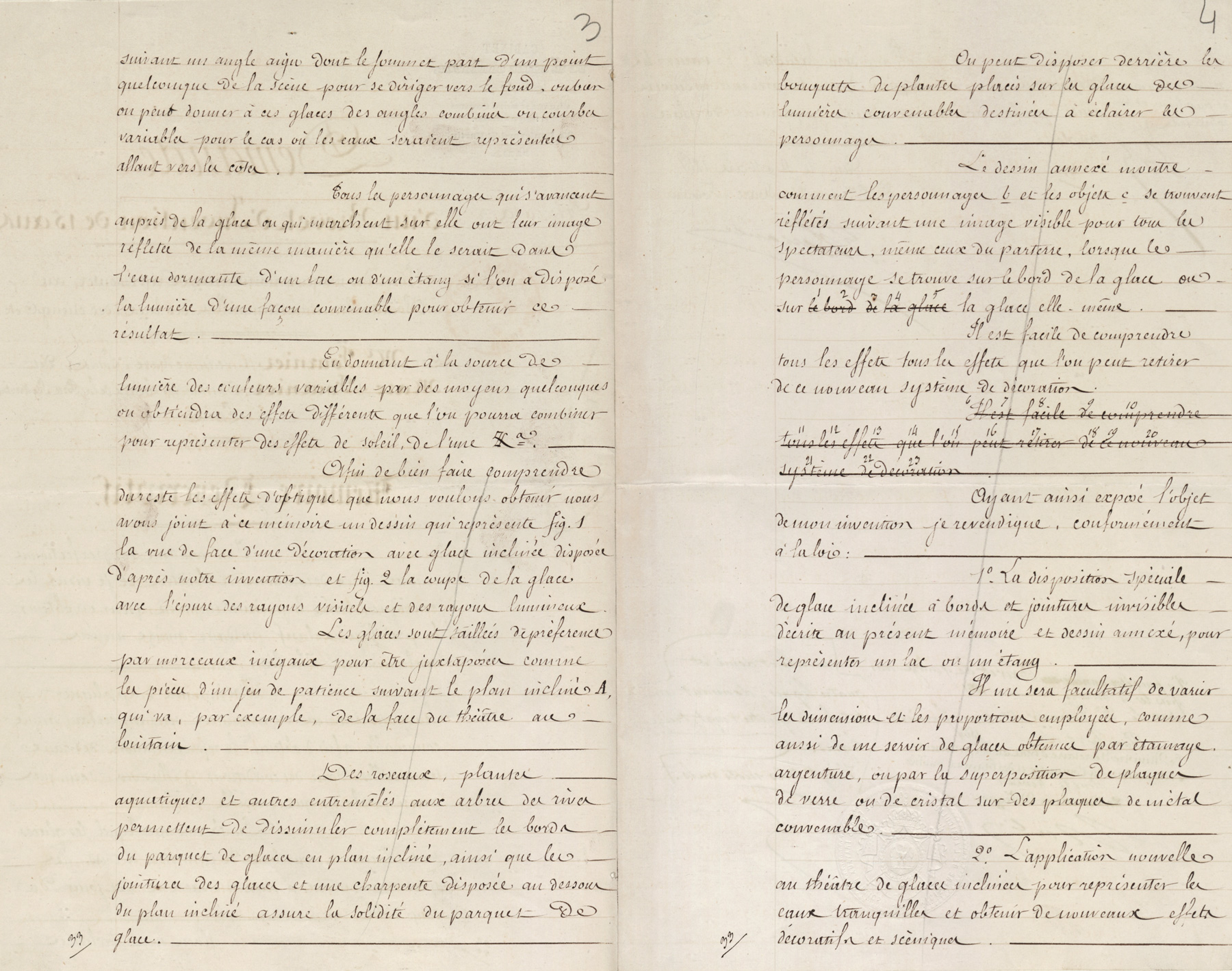 Moyens de représenter au théâtre les eaux tranquilles des lacs, des étangs, etc. Brevet d'invention de Jean-Marc-Louis dit MARC-FOURNIER, directeur du Théâtre de la Porte Saint-Martin, boulevard Saint-Martin à Paris, 4 mars 1861. Cote : 48740 1BB48740, INPI.
