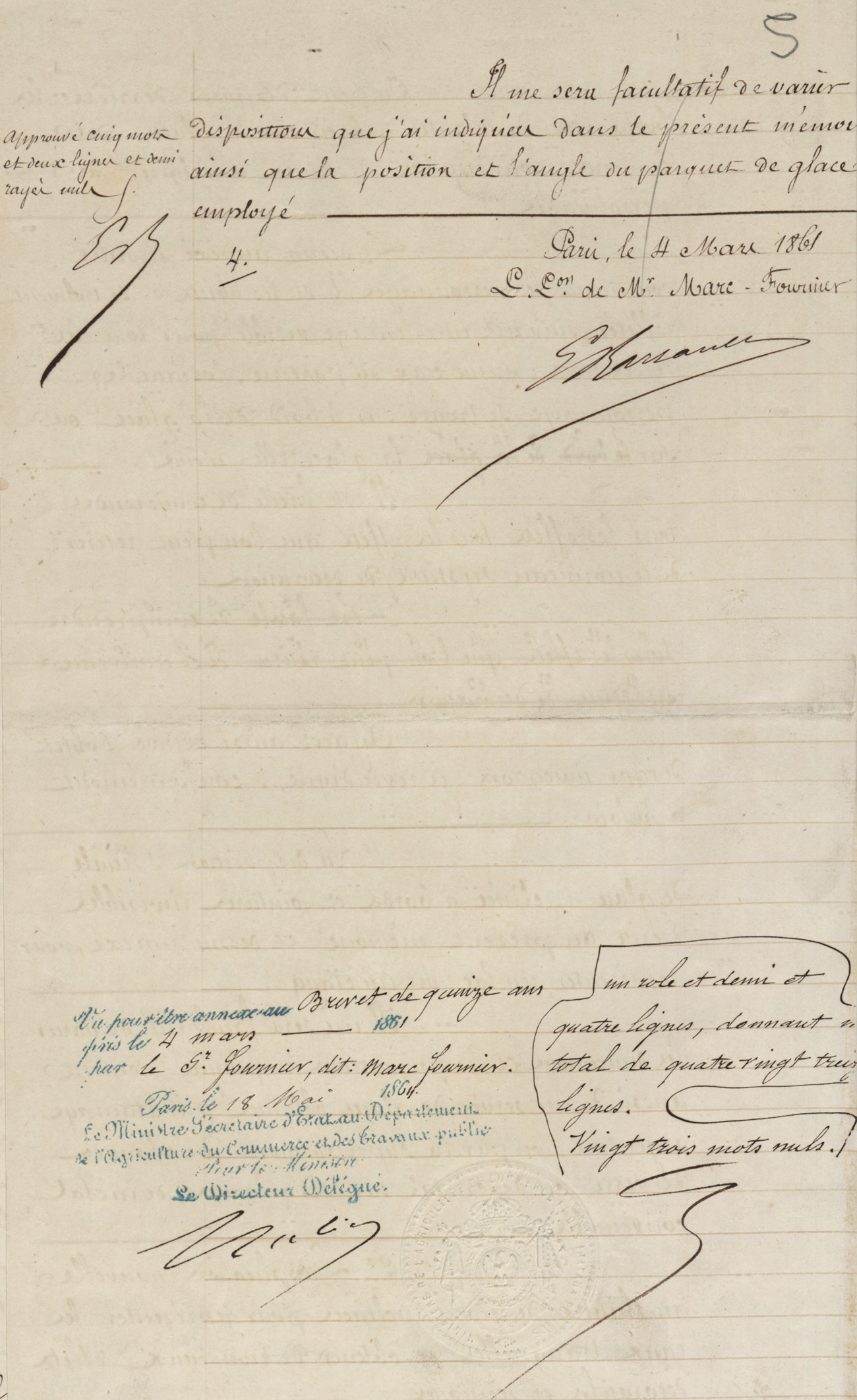 Moyens de représenter au théâtre les eaux tranquilles des lacs, des étangs, etc. Brevet d'invention de Jean-Marc-Louis dit MARC-FOURNIER, directeur du Théâtre de la Porte Saint-Martin, boulevard Saint-Martin à Paris, 4 mars 1861. Cote : 48740 1BB48740, INPI.