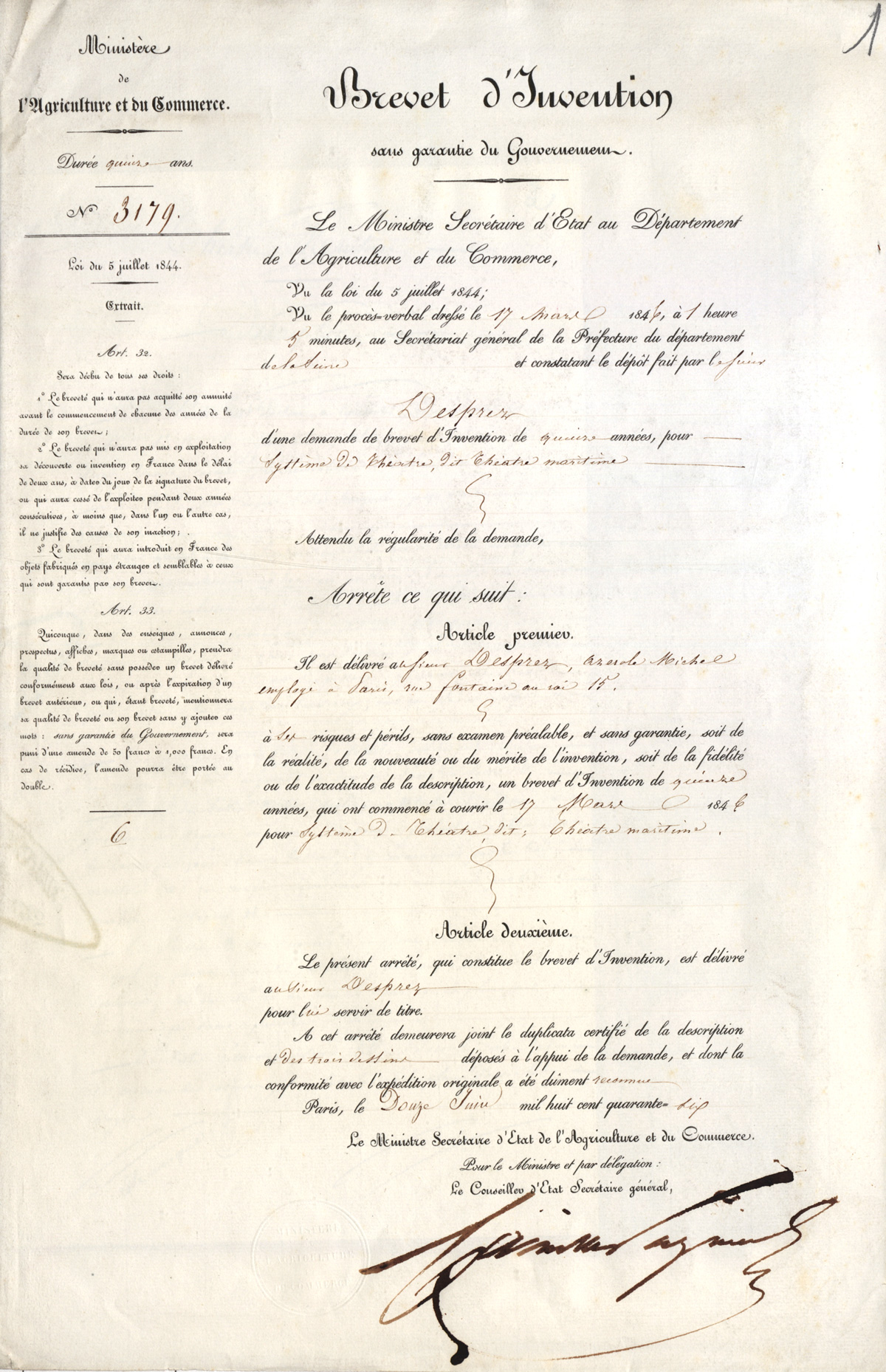 Système de théâtre dit théâtre maritime, brevet d'invention de Monsieur Desprez, employé, Paris, rue de la Fontaine-au-Roi, 17 mars 1846. Cote 1BB3179 INPI