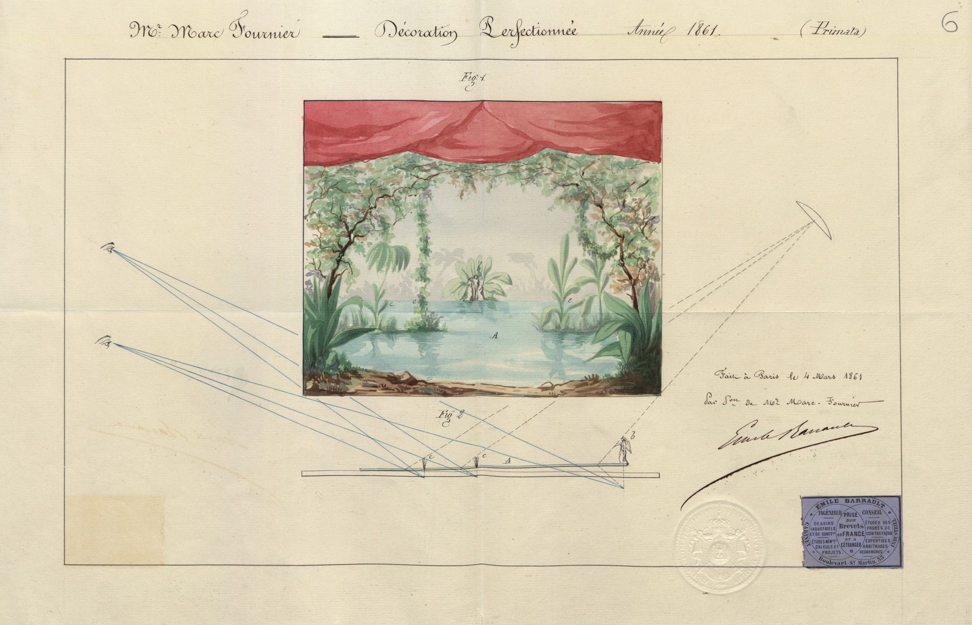 Moyens de représenter au théâtre les eaux tranquilles des lacs, des étangs, etc. Brevet d'invention de Jean-Marc-Louis dit MARC-FOURNIER, directeur du Théâtre de la Porte Saint-Martin, boulevard Saint-Martin à Paris, 4 mars 1861. Cote : 48740 1BB48740, INPI.