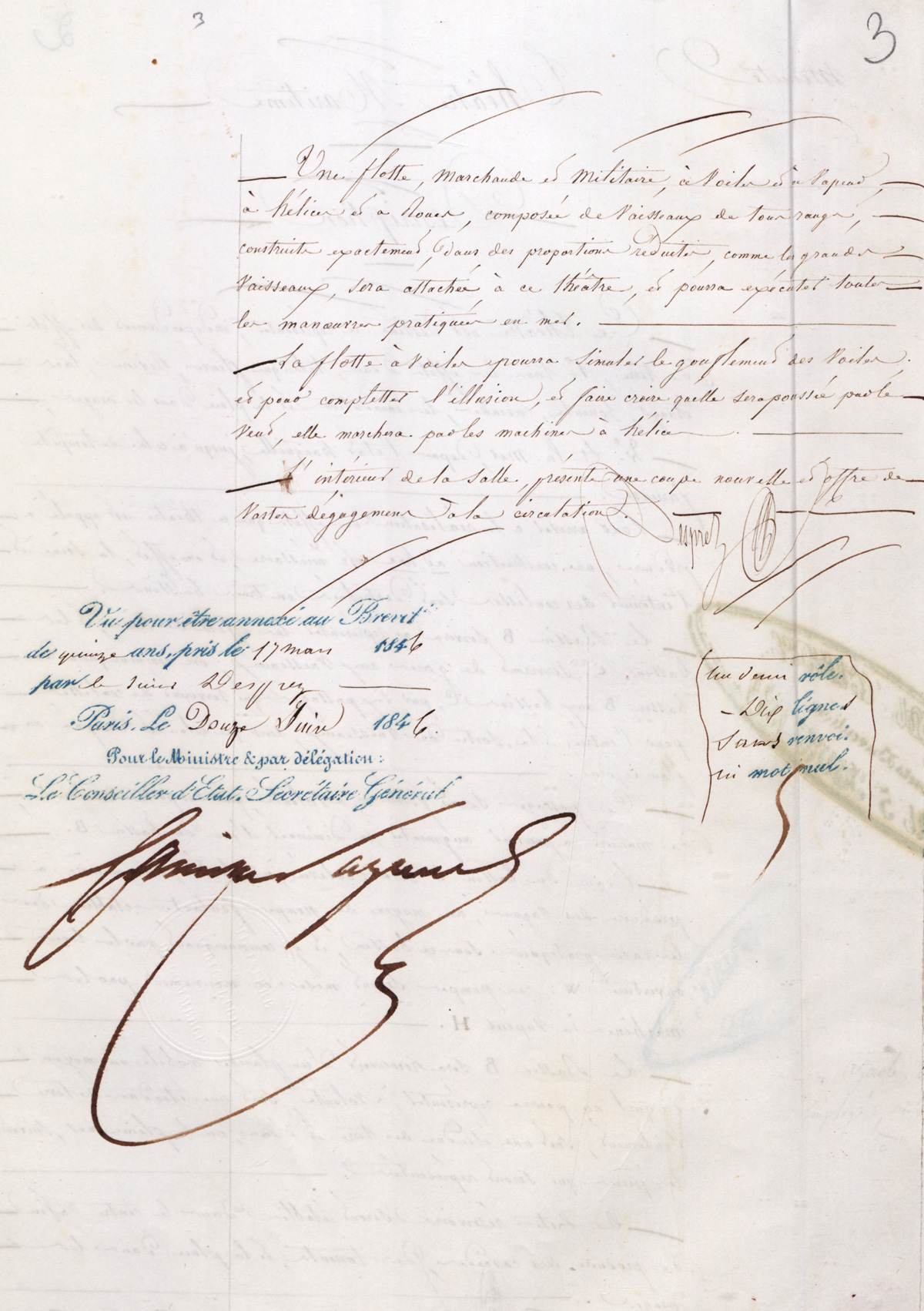 Système de théâtre dit théâtre maritime, brevet d'invention de Monsieur Desprez, employé, Paris, rue de la Fontaine-au-Roi, 17 mars 1846. Cote 1BB3179 INPI