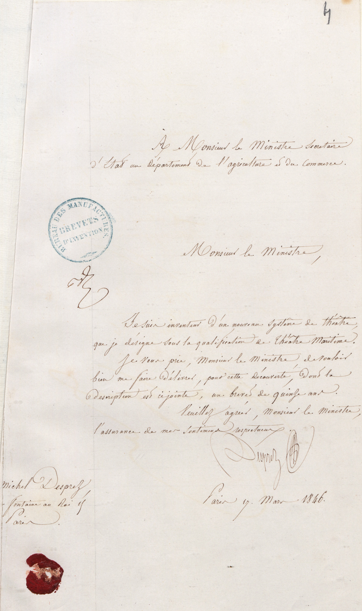 Système de théâtre dit théâtre maritime, brevet d'invention de Monsieur Desprez, employé, Paris, rue de la Fontaine-au-Roi, 17 mars 1846. Cote 1BB3179 INPI