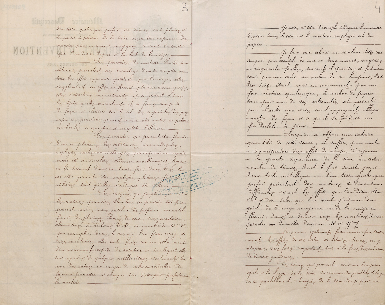 Truc de théâtre ayant pour titre la neige. Brevet d'invention de Louis-marie-Eugène PICHOT, boulevard Beaumarchais, Paris, le 26 octobre 1875. Cote : 110086 1BB110086. INPI