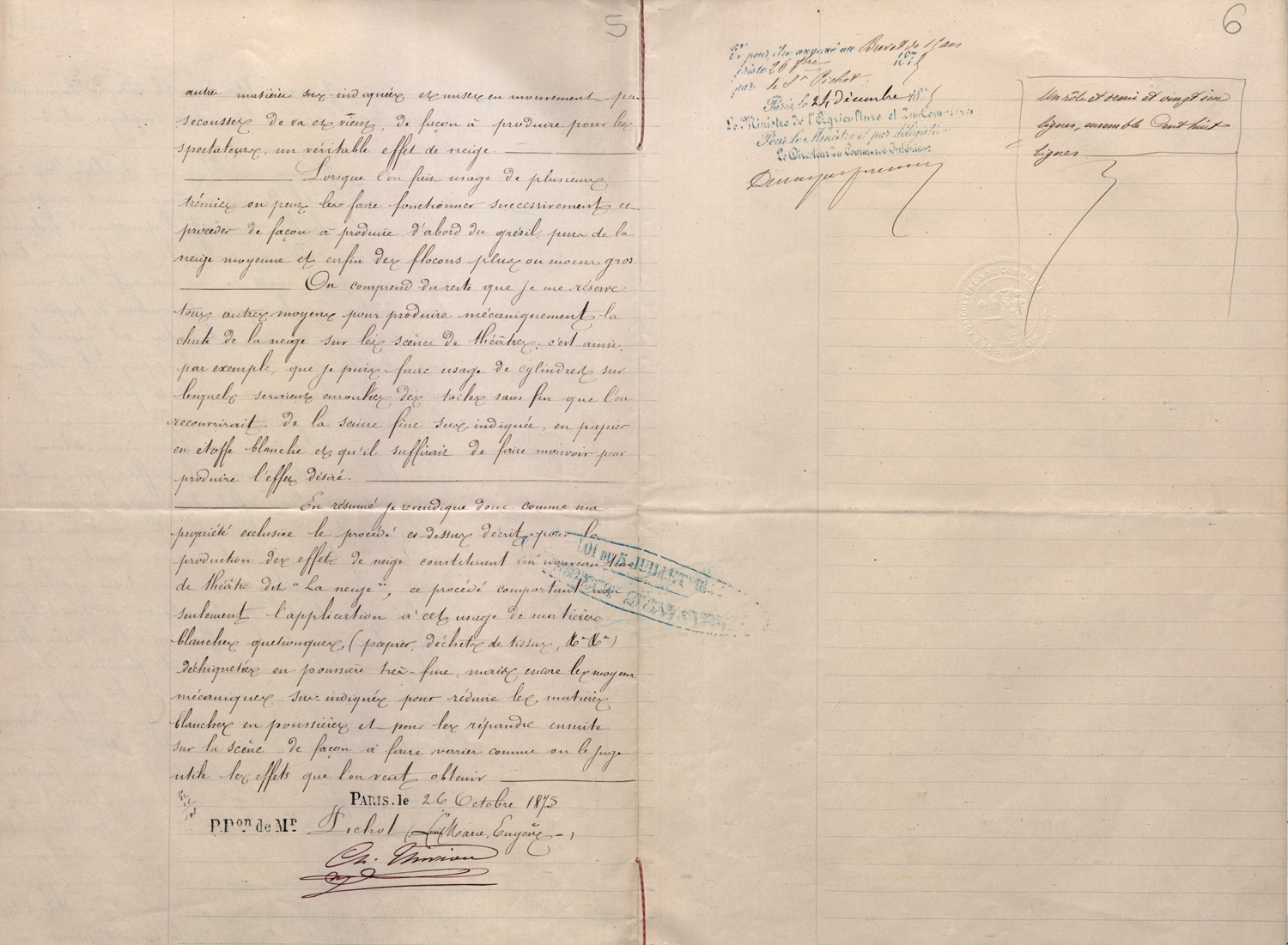 Truc de théâtre ayant pour titre la neige. Brevet d'invention de Louis-marie-Eugène PICHOT, boulevard Beaumarchais, Paris, le 26 octobre 1875. Cote : 110086 1BB110086. INPI