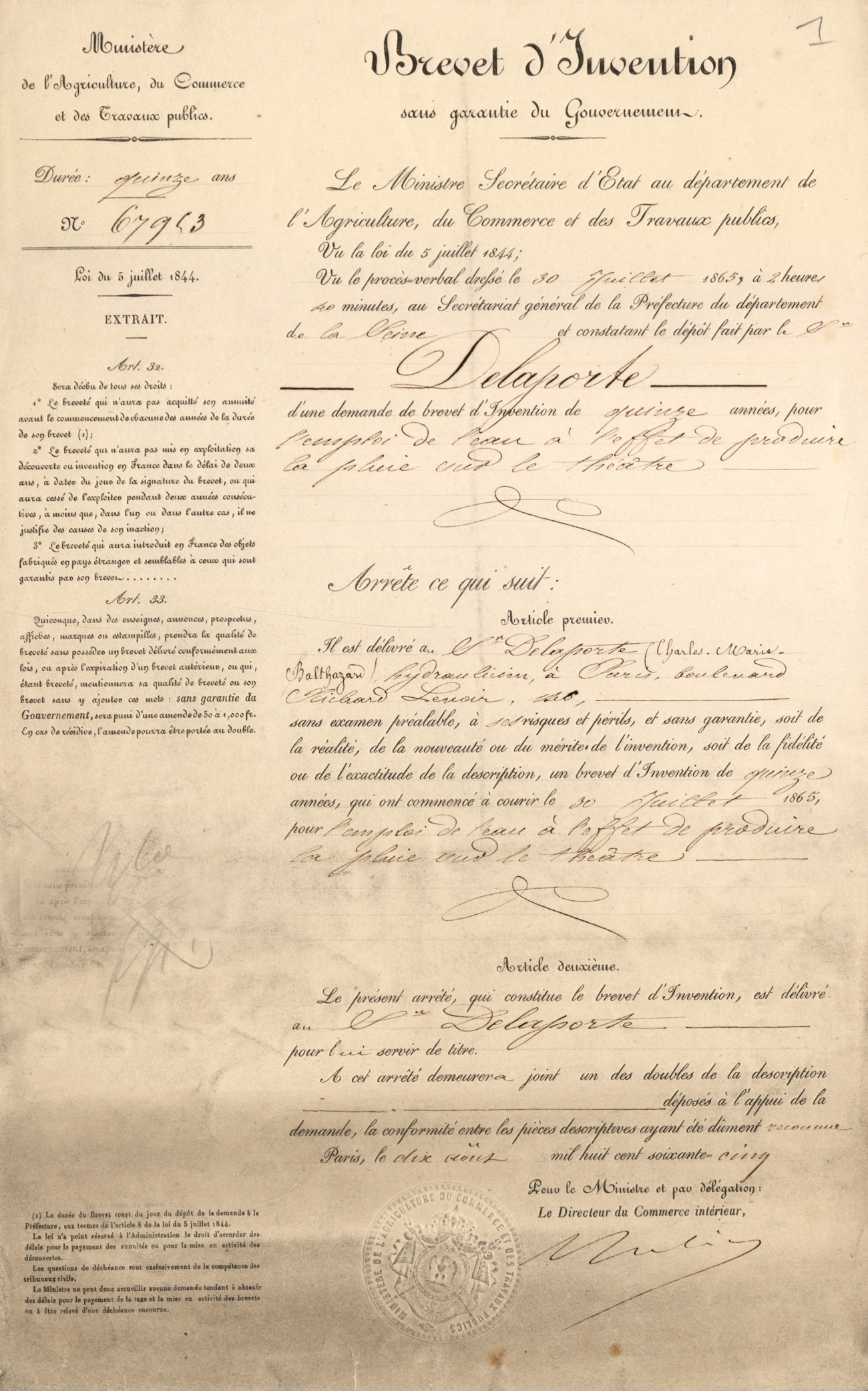 Emploi de l'eau à l'effet de produire la pluie sur le théâtre. Brevet d'invention de Charles-Marie-Balthazard DELAPORTE, hydraulicien, Paris, boulevard Richard-Lenoir, 3 juillet 1865. Cote : 67953 1BB67953, INPI.
