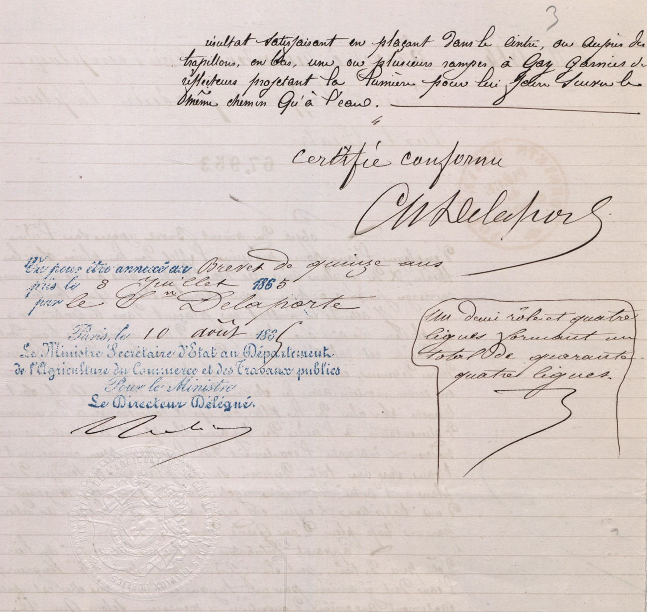 Emploi de l'eau à l'effet de produire la pluie sur le théâtre. Brevet d'invention de Charles-Marie-Balthazard DELAPORTE, hydraulicien, Paris, boulevard Richard-Lenoir, 3 juillet 1865. Cote : 67953 1BB67953, INPI.