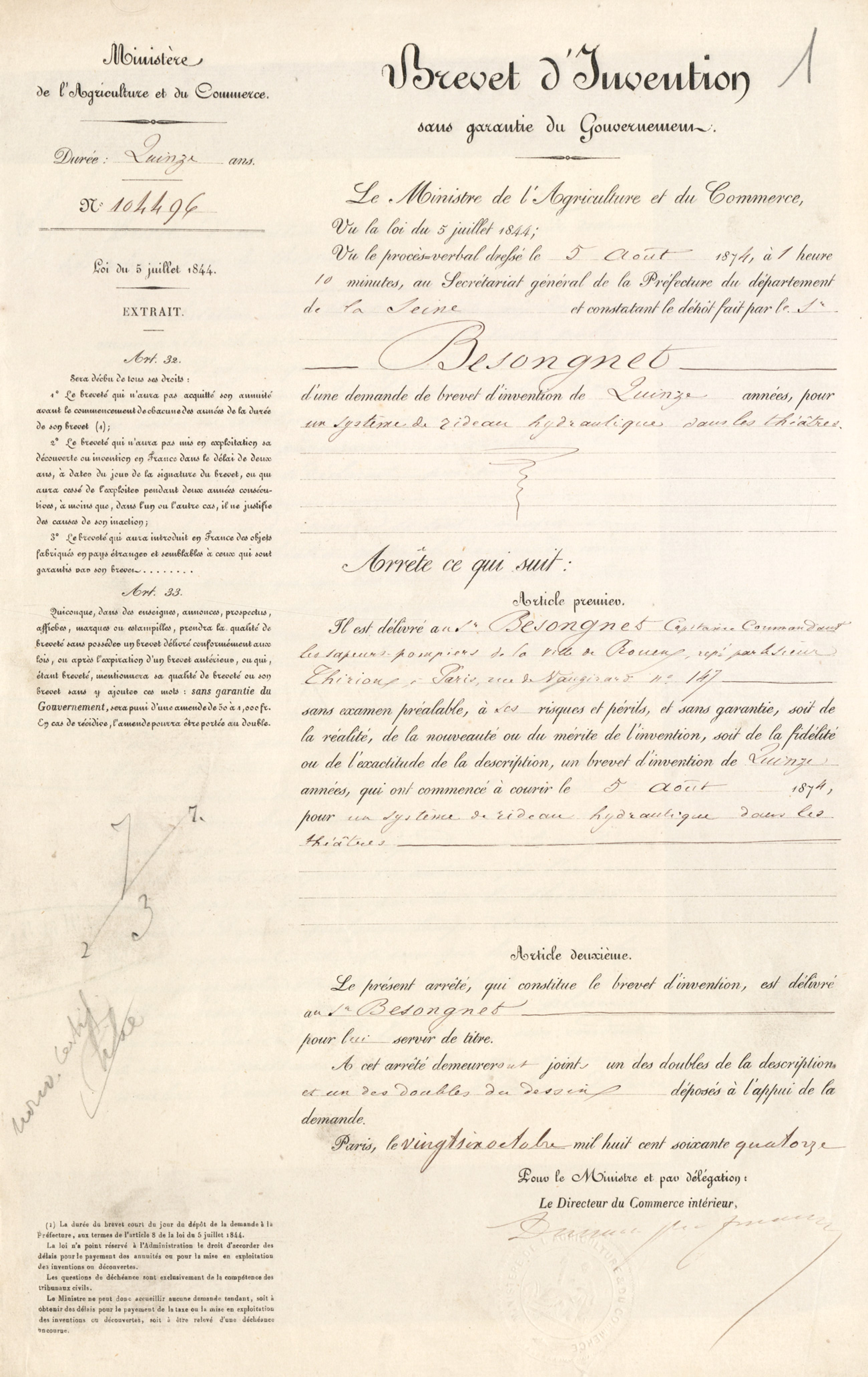 Système de rideau hydraulique dans les théâtres. Brevet d'invention de BESONGNET, capitaine commandant des sapeurs-pompiers de Rouen (Seine-Maritime), 5 août 1874. Cote : 104496 1BB104496. INPI
