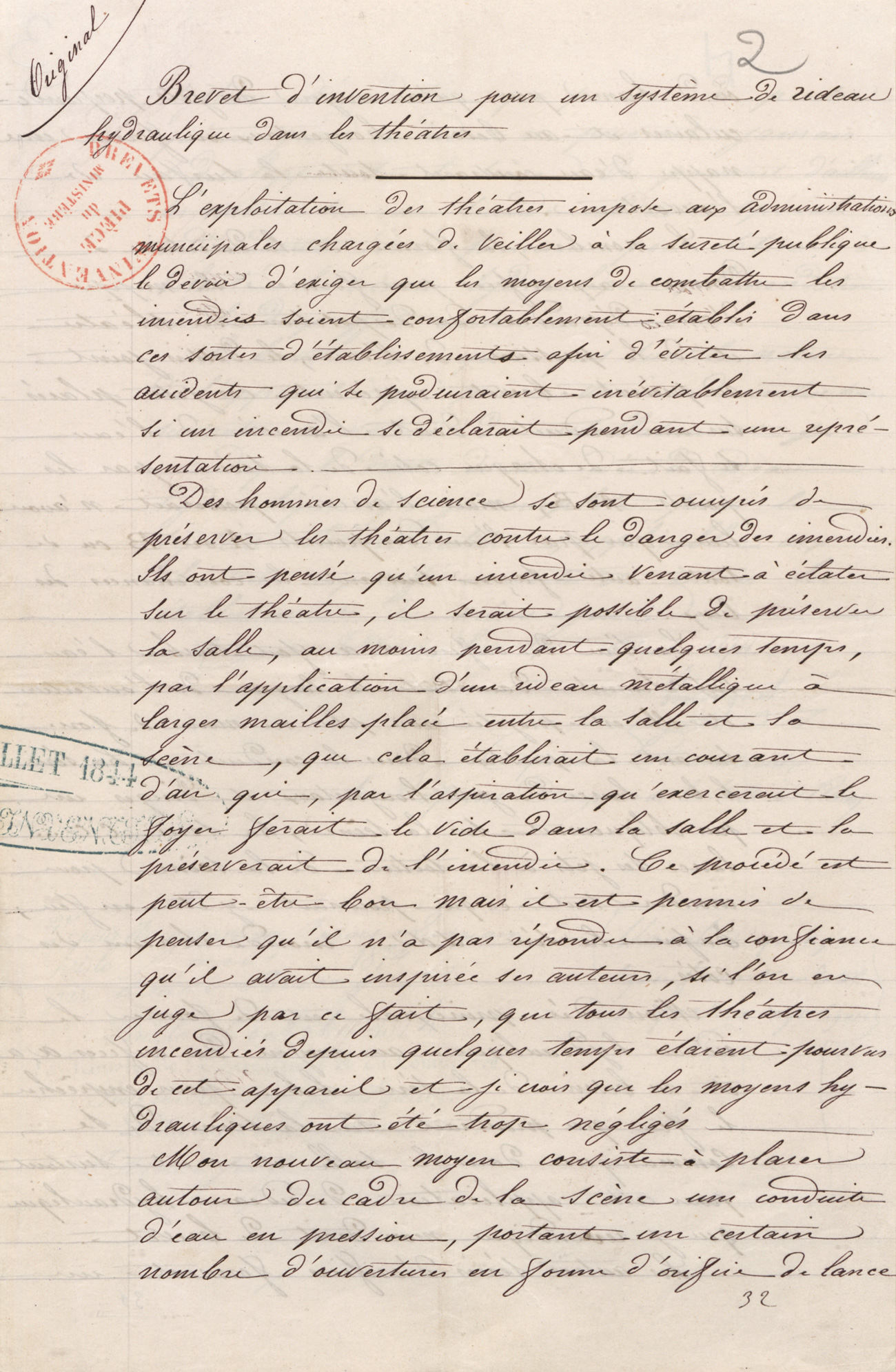 Système de rideau hydraulique dans les théâtres. Brevet d'invention de BESONGNET, capitaine commandant des sapeurs-pompiers de Rouen (Seine-Maritime), 5 août 1874. Cote : 104496 1BB104496. INPI