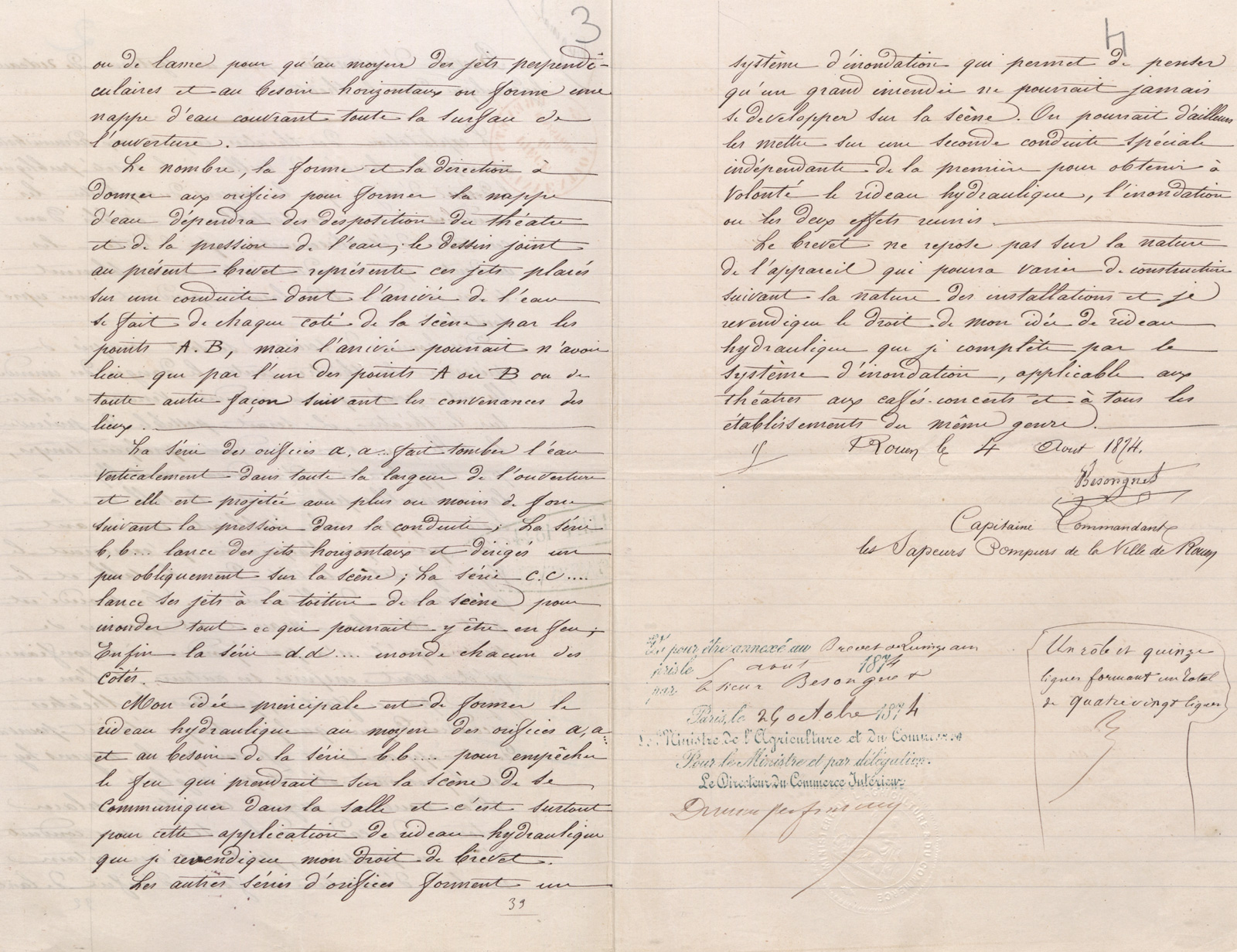 Système de rideau hydraulique dans les théâtres. Brevet d'invention de BESONGNET, capitaine commandant des sapeurs-pompiers de Rouen (Seine-Maritime), 5 août 1874. Cote : 104496 1BB104496. INPI