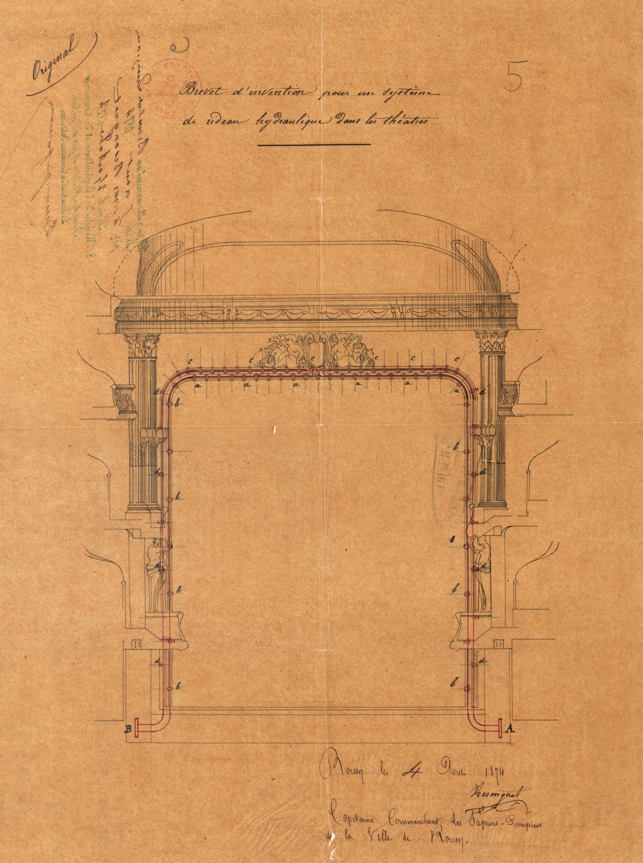 Système de rideau hydraulique dans les théâtres. Brevet d'invention de BESONGNET, capitaine commandant des sapeurs-pompiers de Rouen (Seine-Maritime), 5 août 1874. Cote : 104496 1BB104496. INPI