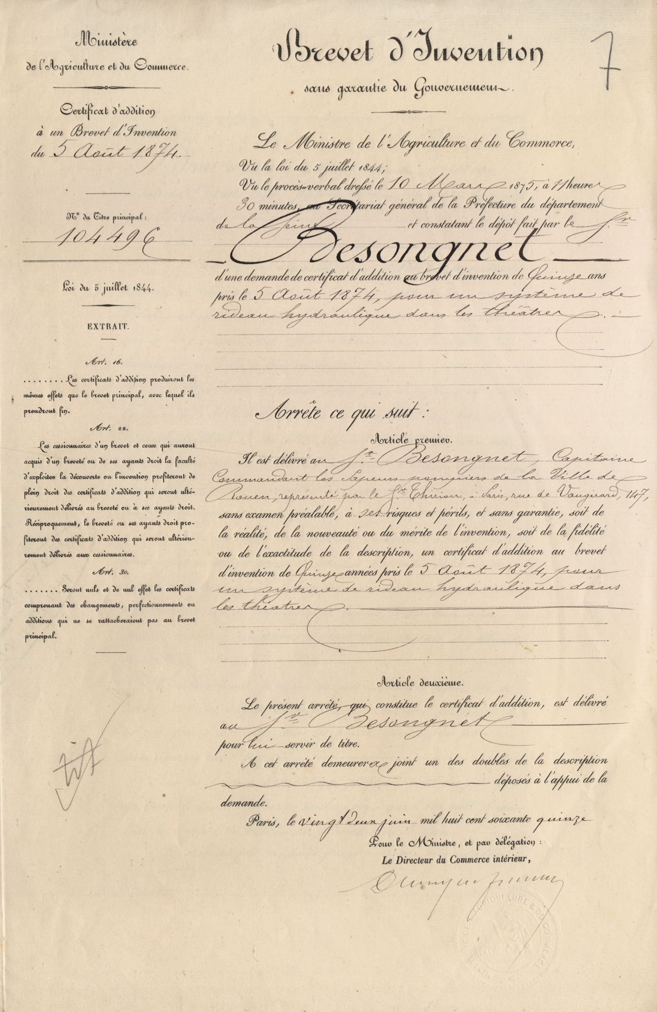 Système de rideau hydraulique dans les théâtres. Brevet d'invention de BESONGNET, capitaine commandant des sapeurs-pompiers de Rouen (Seine-Maritime), 5 août 1874. Cote : 104496 1BB104496. INPI