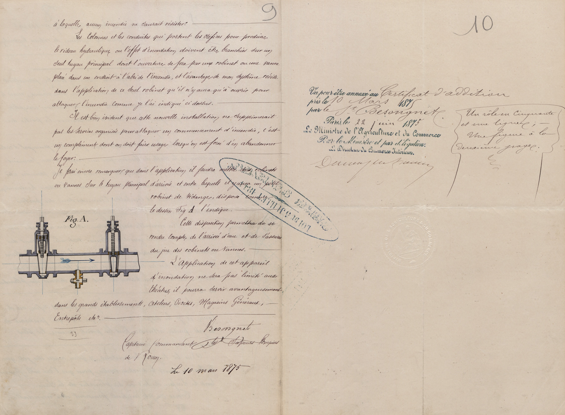 Système de rideau hydraulique dans les théâtres. Brevet d'invention de BESONGNET, capitaine commandant des sapeurs-pompiers de Rouen (Seine-Maritime), 5 août 1874. Cote : 104496 1BB104496. INPI