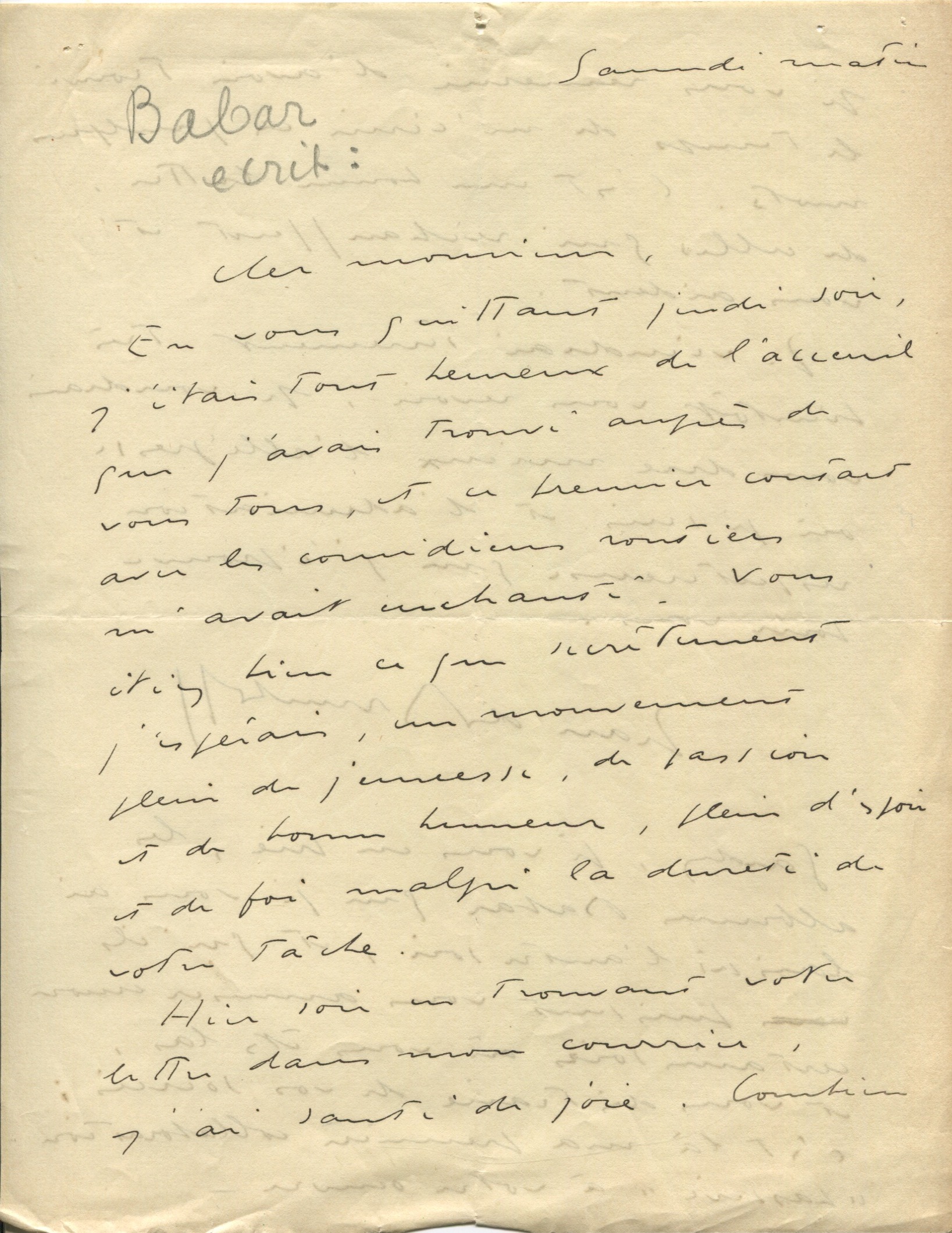 Lettre de Jean de Brunhoff à Léon Chancerel, non datée [1935 ?], SHT, Fonds Chancerel, Boîte BIV (1)