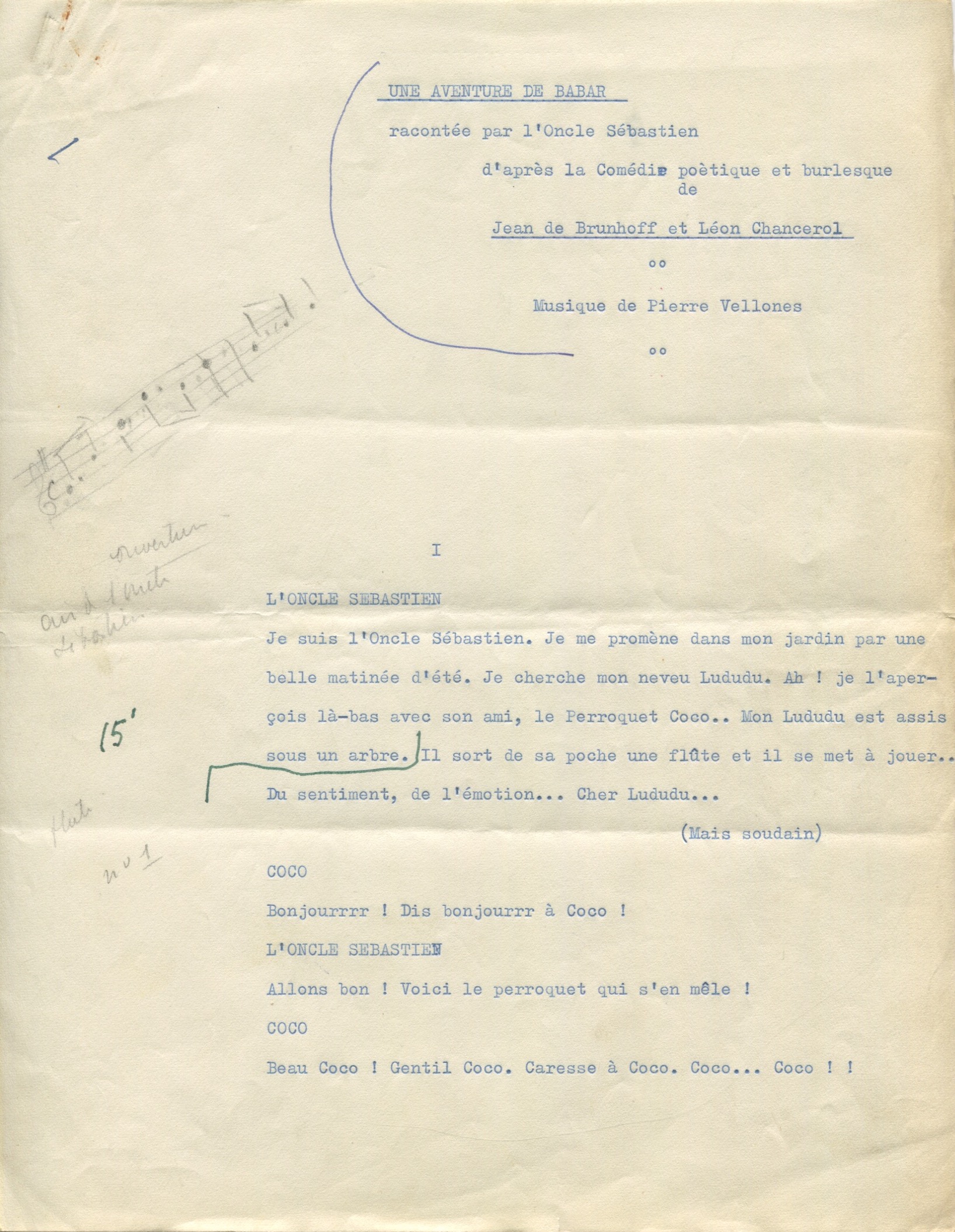 Première page du scénario dactylographié  pour l'enregistrement d'Une Aventure de Babar (Éditions Gramophone), s.d. (c. 1937), SHT, Fonds Léon Chancerel, Boîte BIV (1)