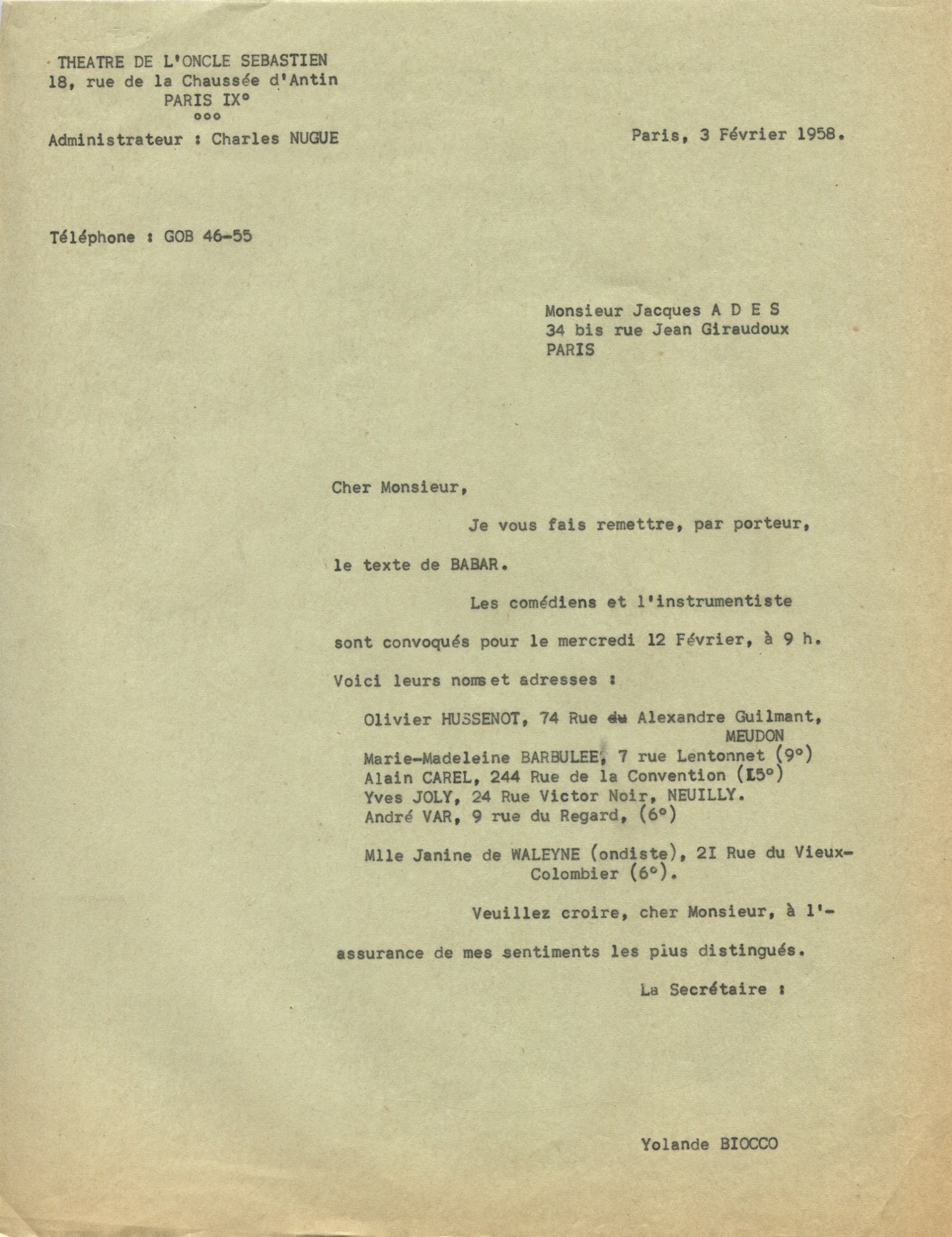 Lettre à Jacques Adès, 3 février 1958, SHT, Fonds Léon Chancerel, Boîte BIV (1)