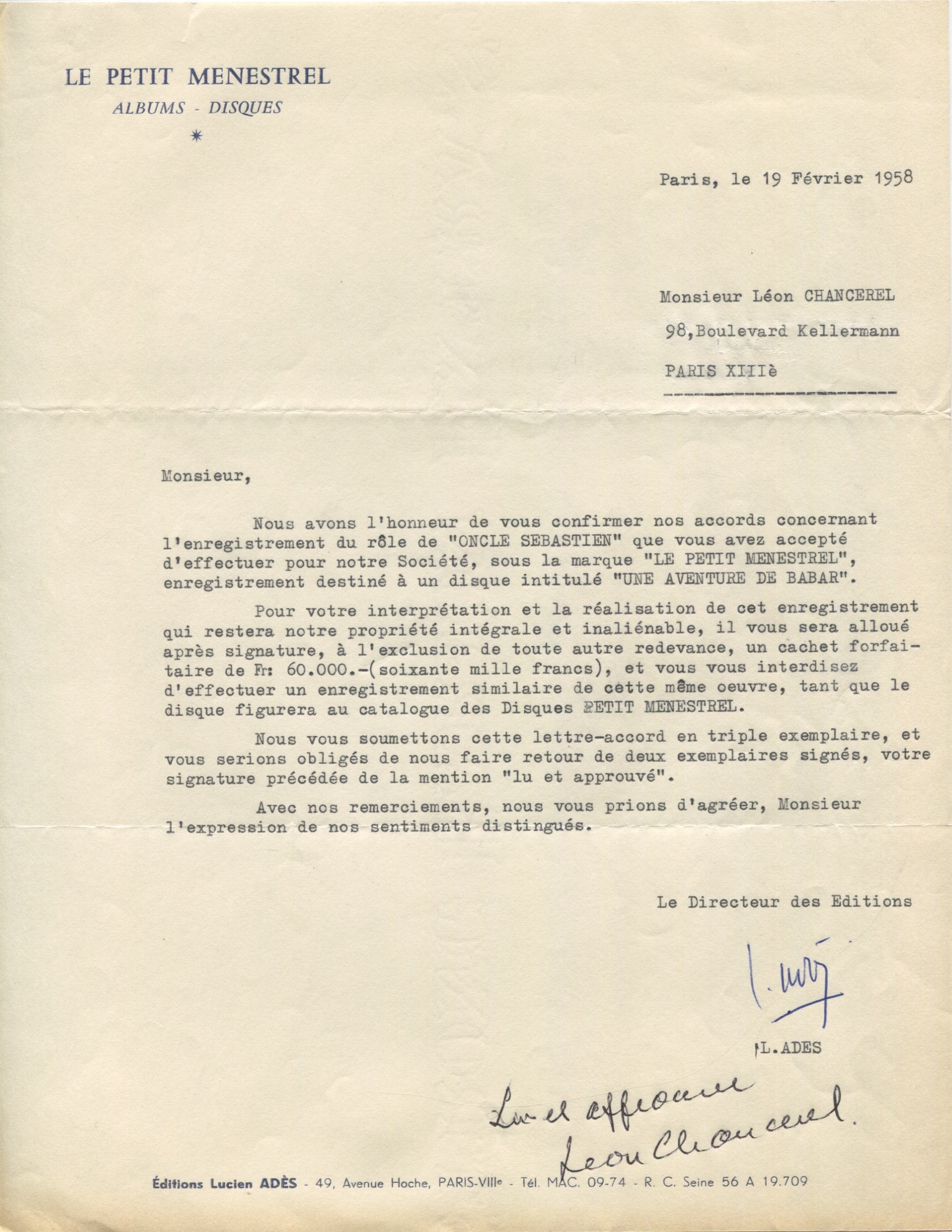 Contrat entre les éditions Adès et Léon Chancerel pour l'enregistrement d'Une Aventure de Babar, 1958, SHT, Fonds Léon Chancerel, Boîte BIV (1)