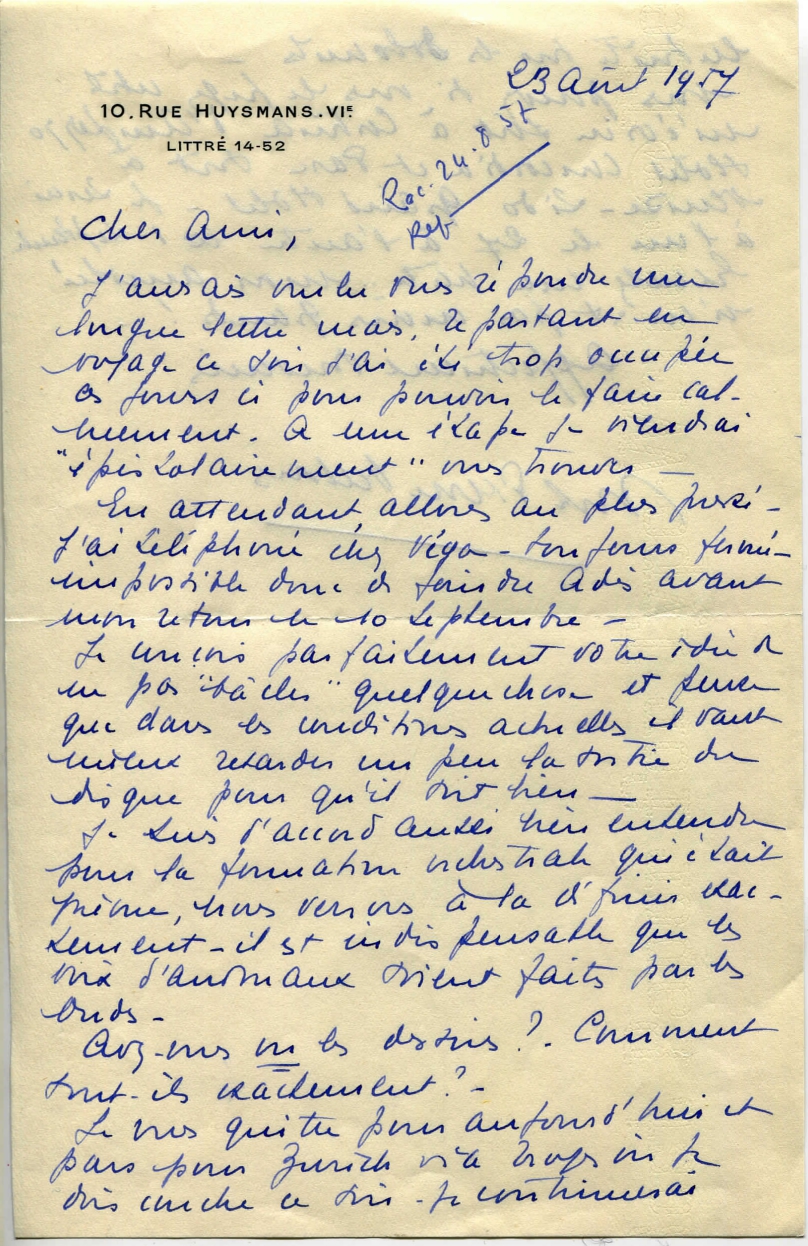 Lettre de Madame Pierre Vellones à Léon Chancerel, 23 août 1957, SHT, Fonds Léon Chancerel, Boîte BIV (1) 