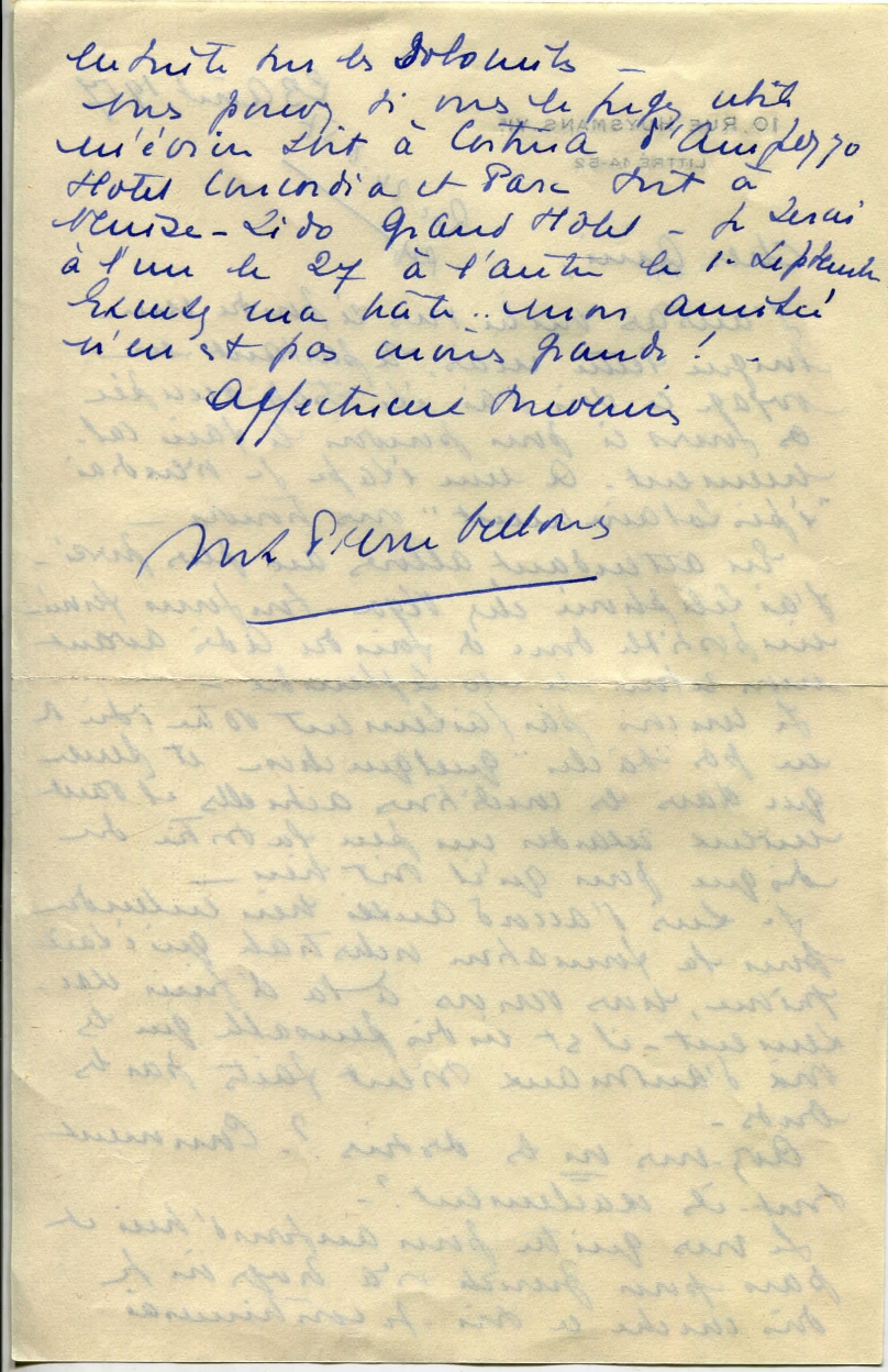 Lettre de Madame Pierre Vellones à Léon Chancerel, 23 août 1957, SHT, Fonds Léon Chancerel, Boîte BIV (1)