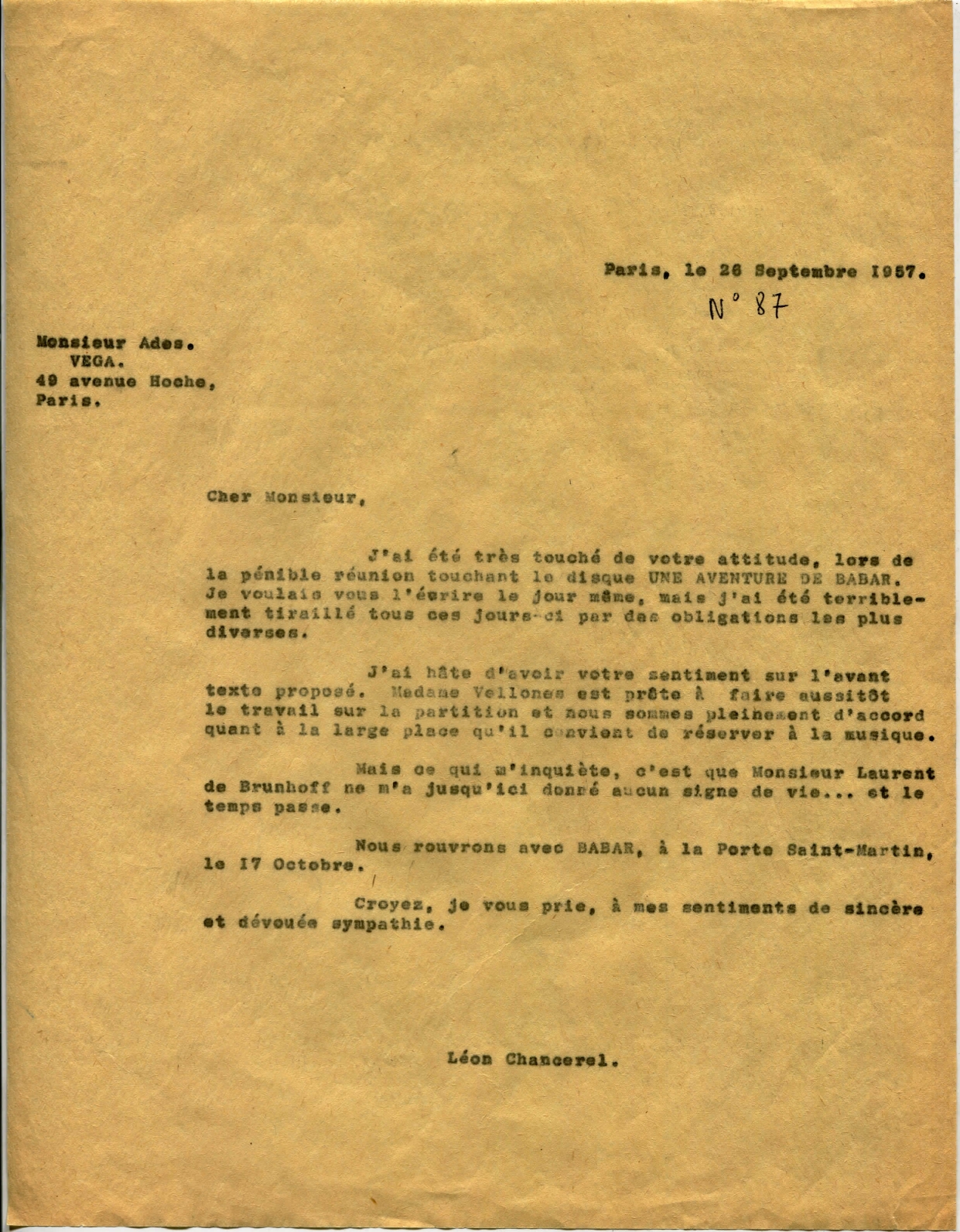 Lettre de Léon Chancerel à Lucien Adès, 26 septembre 1957, SHT, Fonds Léon Chancerel, Boîte BIV (1)