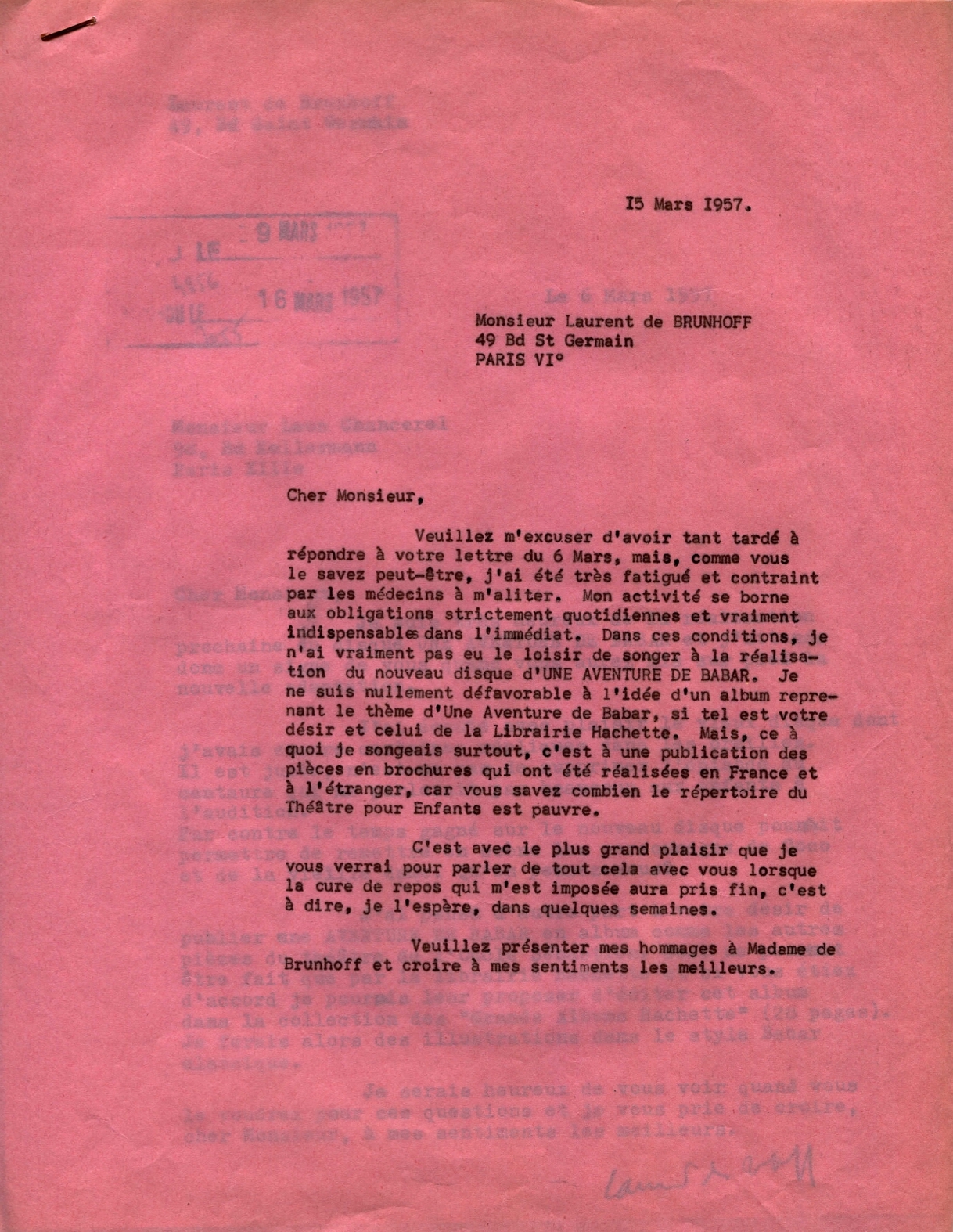 Lettre de Léon Chancerel à Laurent de Brunhoff, 15 mars 1957, SHT, Fonds Léon Chancerel, Boîte BIV (1)