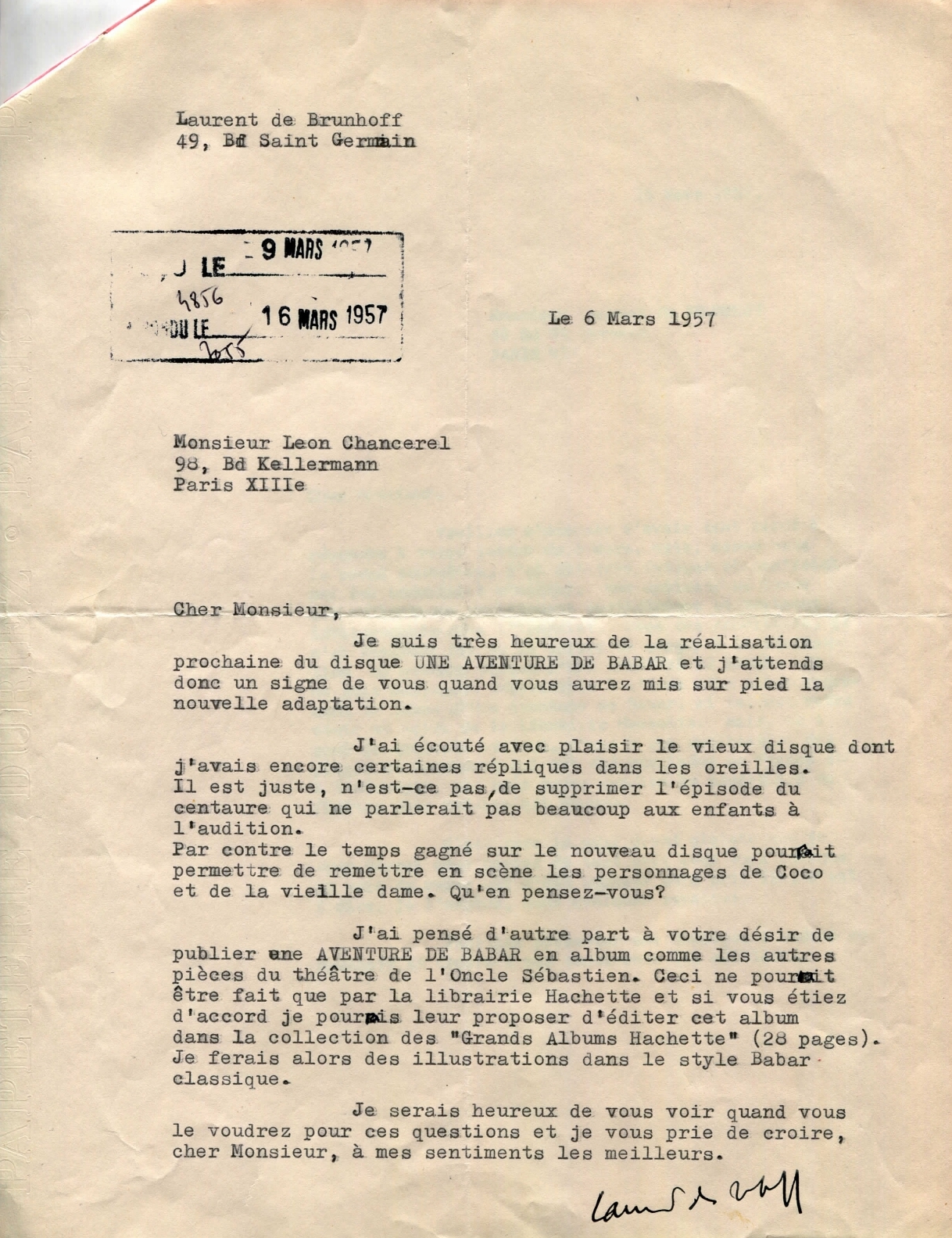 Lettre de  Laurent de Brunhoff à Léon Chancerel, 6 mars 1957, SHT, Fonds Léon Chancerel, Boîte BIV (1)
