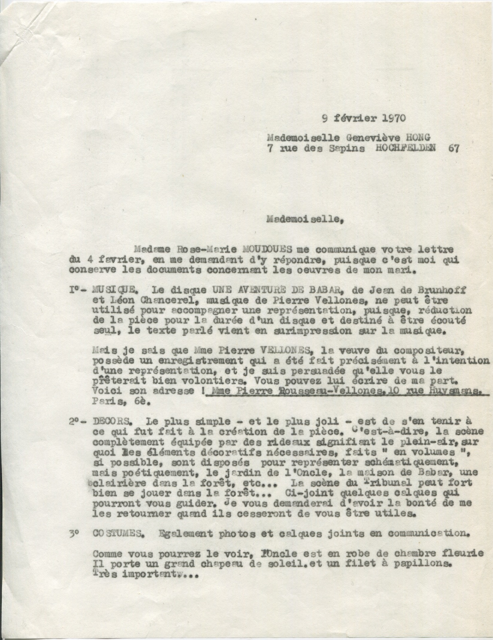 Lettre de Madame Chancerel à Geneviève Hong, 9 février 1970,  SHT, Fonds Léon Chancerel, Boîte BIV (1)