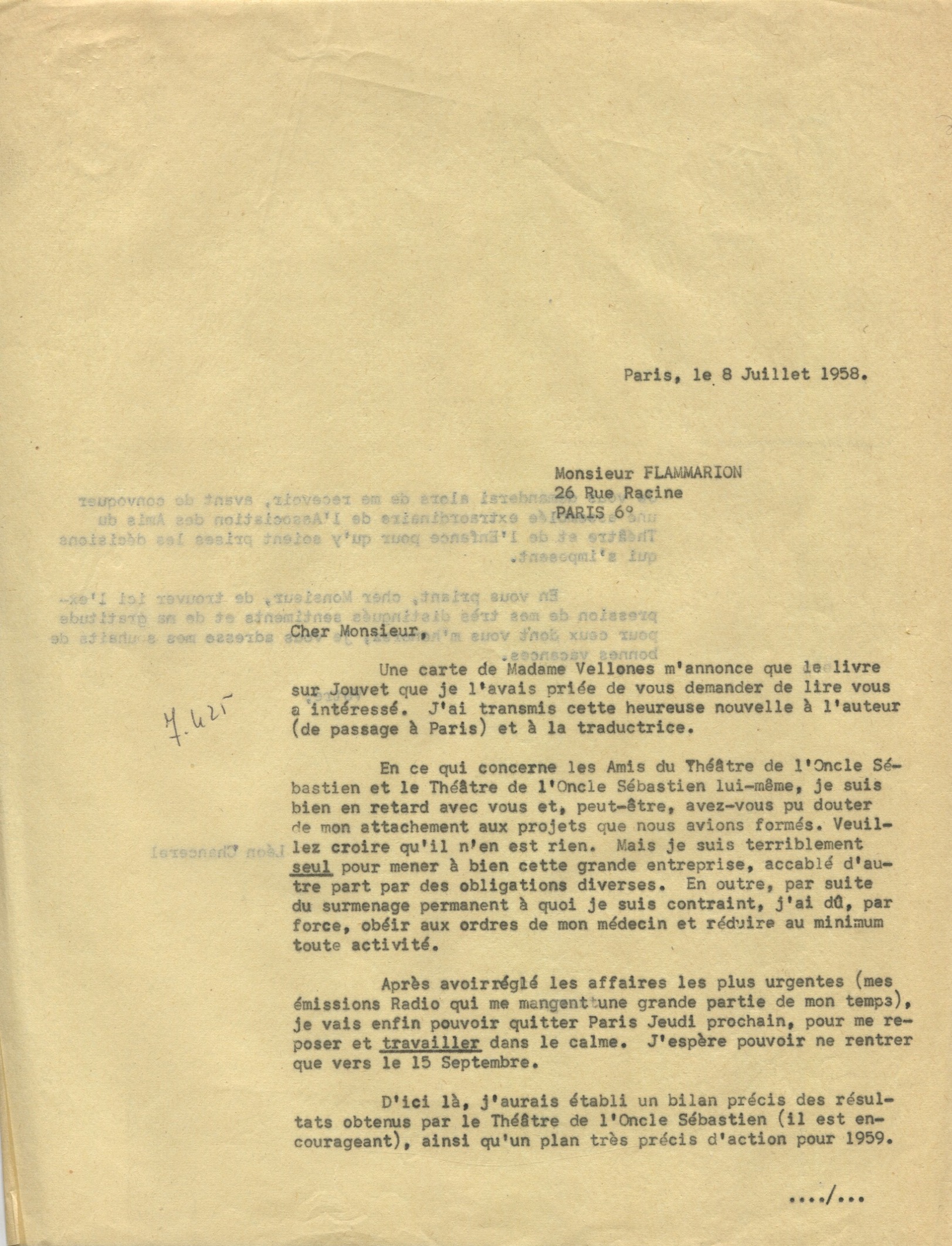 Lettre de Léon Chancerel à Monsieur Flammarion, 8 juillet 1958,  SHT, Fonds Léon Chancerel, Boîte BIV (1)