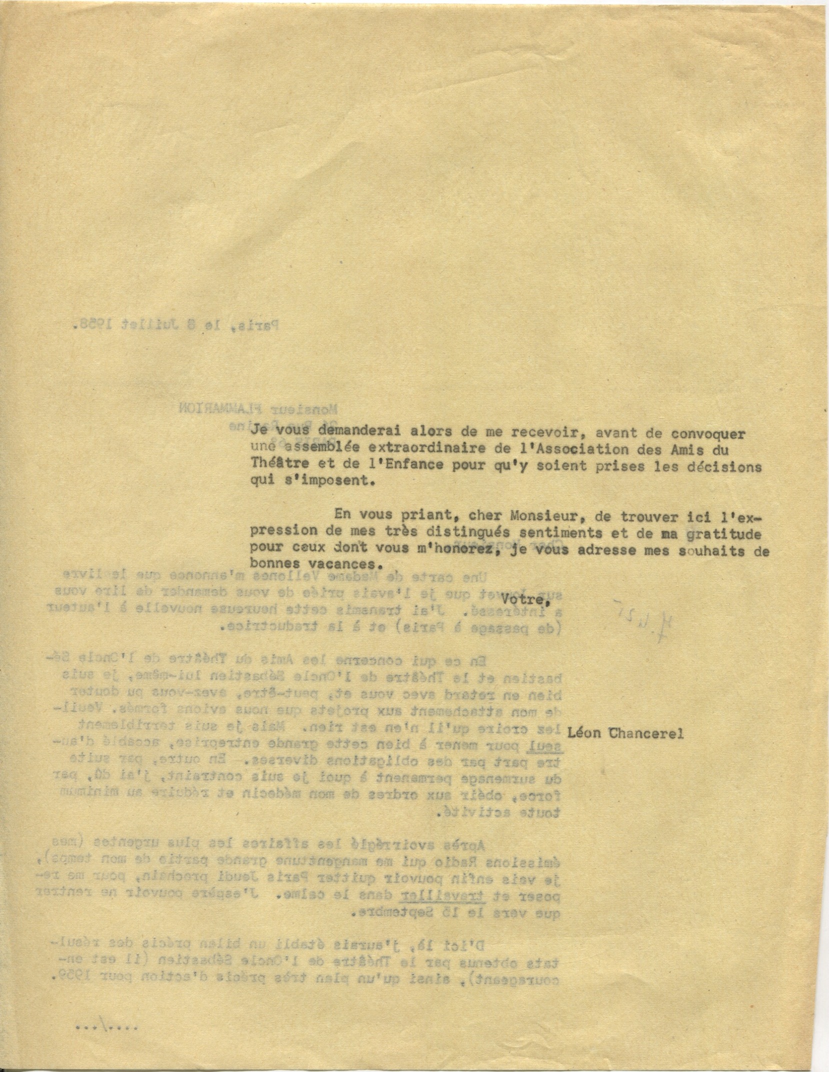 Lettre de Léon Chancerel à Monsieur Flammarion, 8 juillet 1958,  SHT, Fonds Léon Chancerel, Boîte BIV (1)
