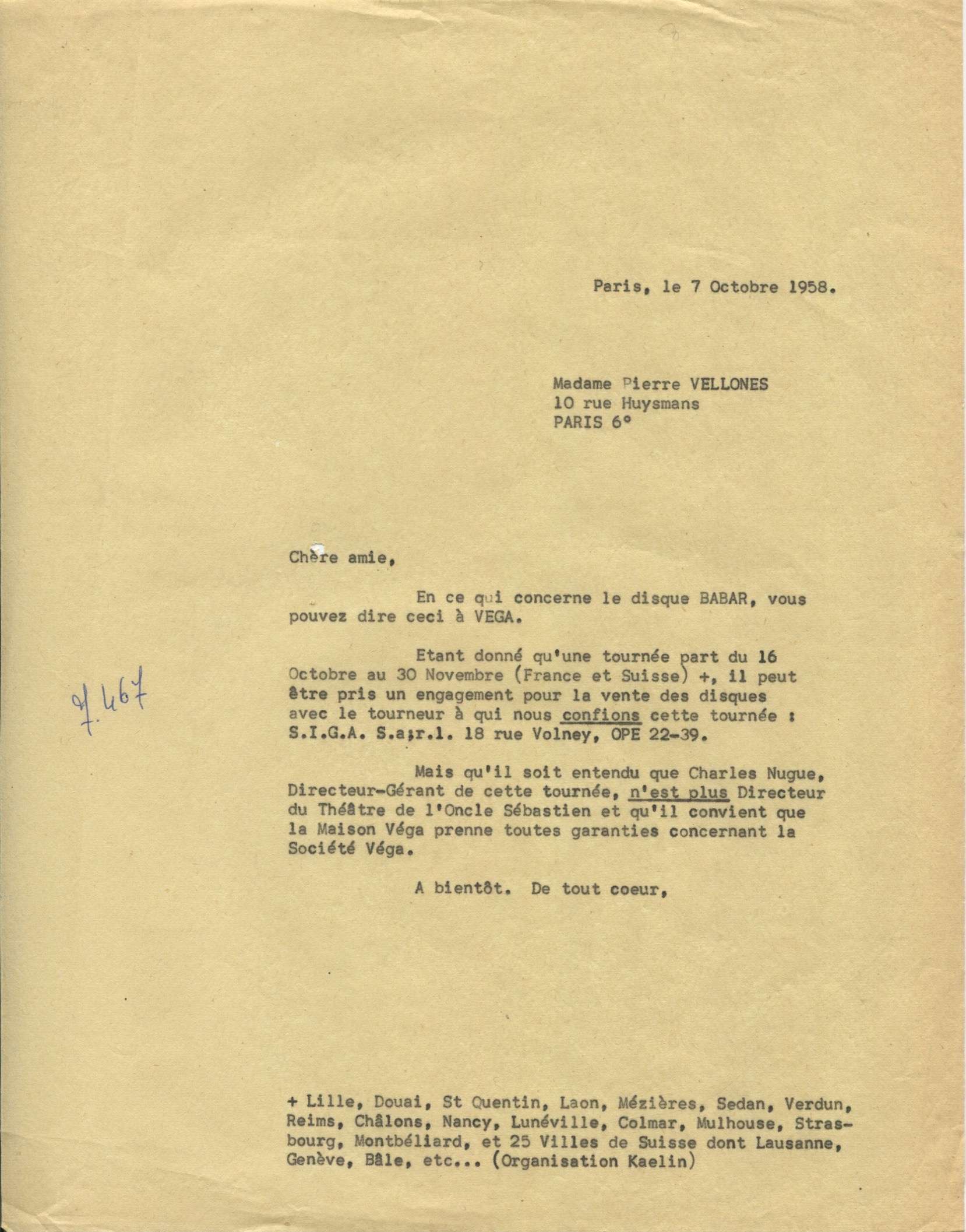 Lettre de Léon Chancerel à Madame Vellones, 7 octobre 1958,  SHT, Fonds Léon Chancerel, Boîte BIV (1)
