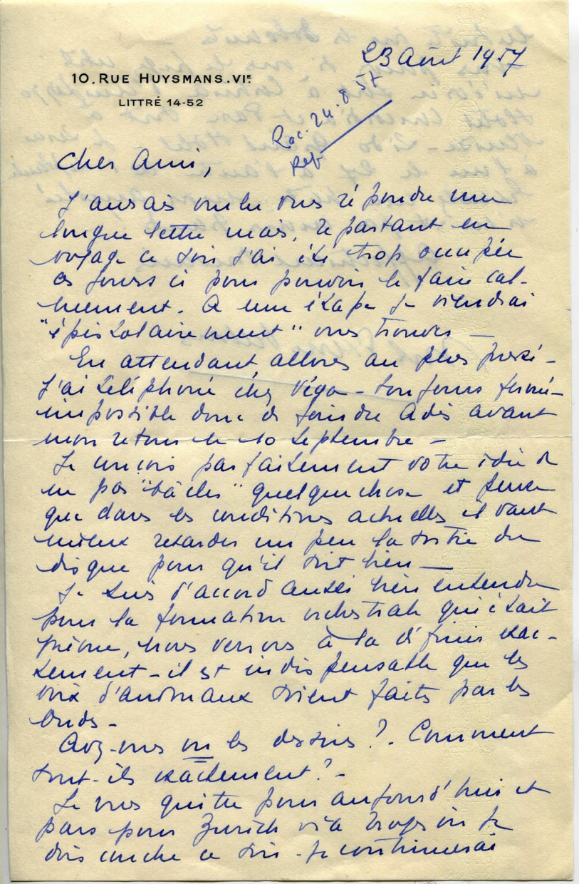 Lettre de Madame Vellones à Léon Chancerel, 23 août 1957, SHT, Fonds Léon Chancerel, Boîte BIV (1)