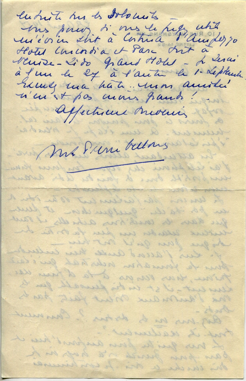 Lettre de Madame Vellones à Léon Chancerel, 23 août 1957, SHT, Fonds Léon Chancerel, Boîte BIV (1)