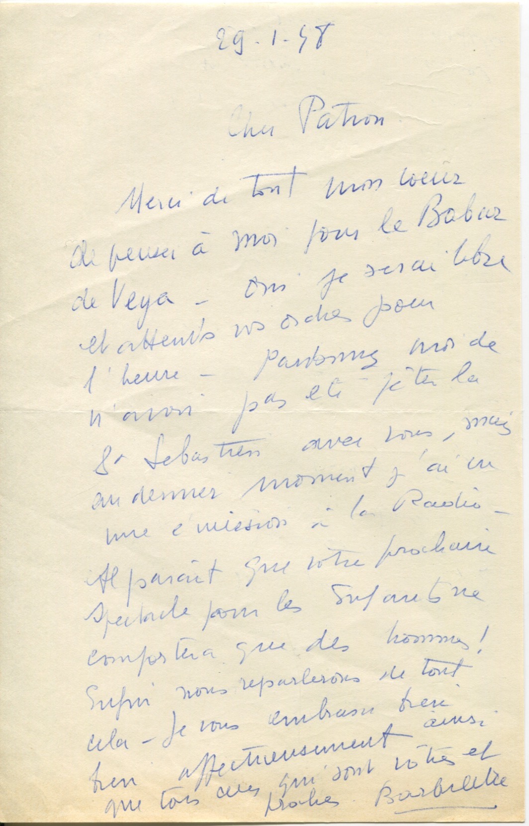Lettre de Madeleine Barbulée à Léon Chancerel, 29 janvier 1958, SHT, fonds Chancerel, Boîte BIV (1)