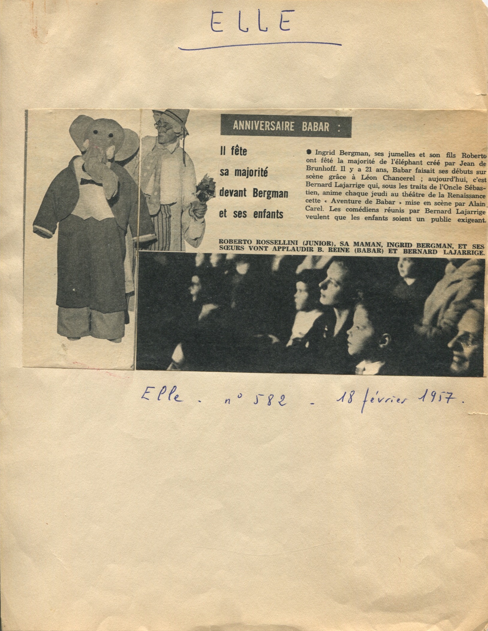 Photographie d'Ingrid Bergman, publiée dans Elle, n°582, 18 février 1957, SHT, fonds Chancerel, Boîte BIV