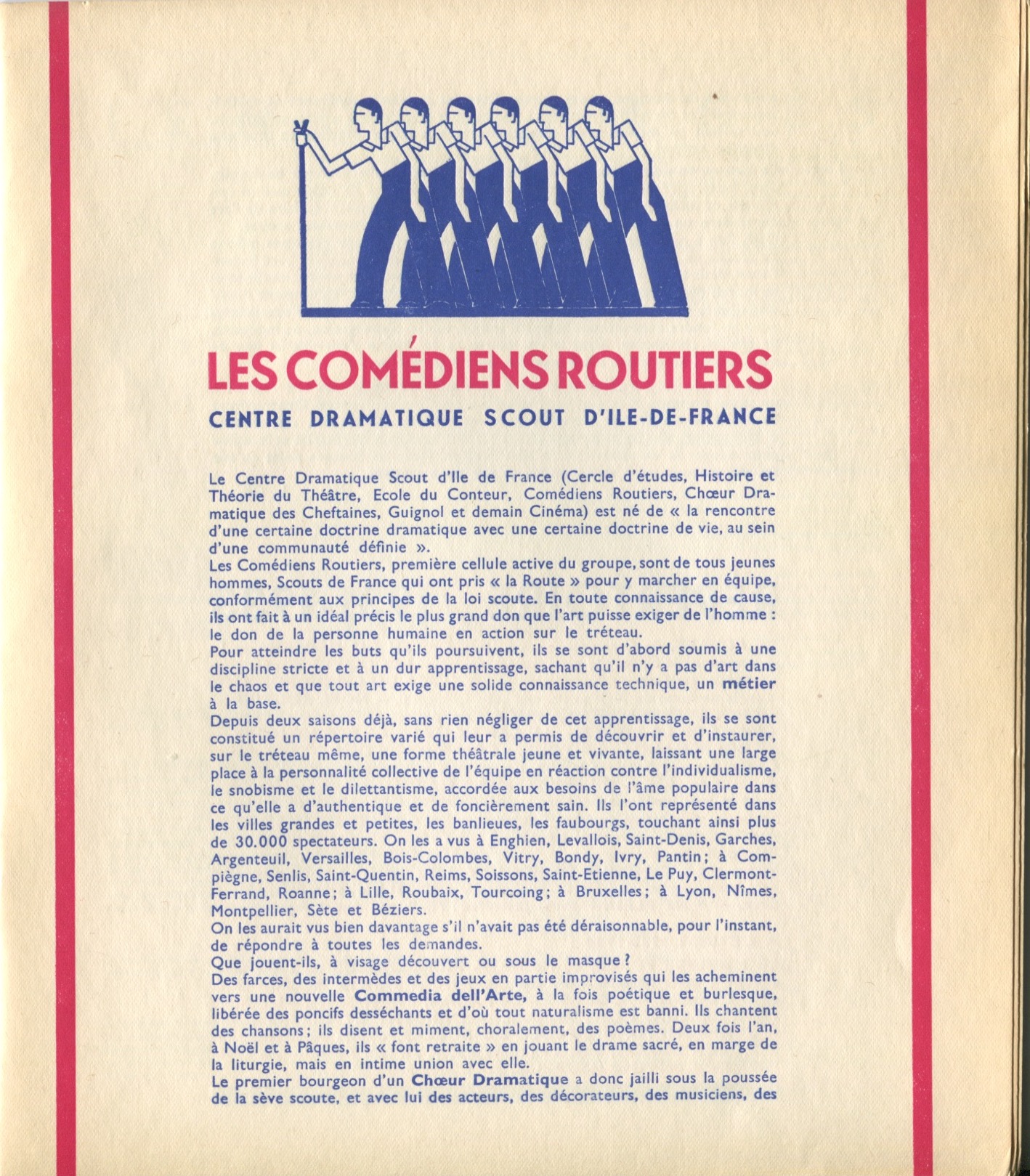 Dépliant Les Comédiens Routiers centre dramatique scout d'Île-de-France, s.d., SHT, Fonds Léon Chancerel, Boîte BIV