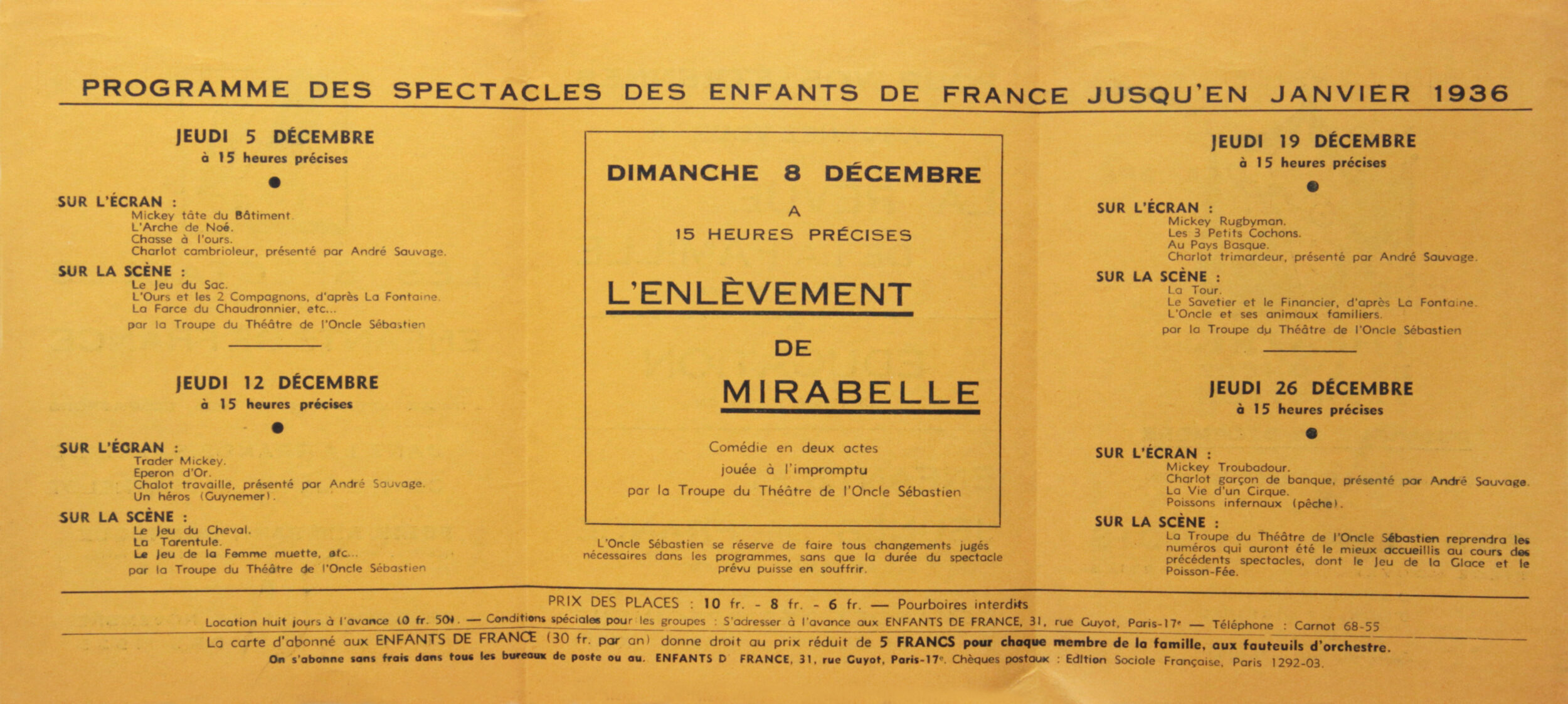 Programme de 1935-1936 qui montre la place privilégiée dévolue aux animaux dans les spectacles, Théâtre de l’Oncle Sébastien, 1935, SHT, Fonds Léon Chancerel, Boîte BIV (1)