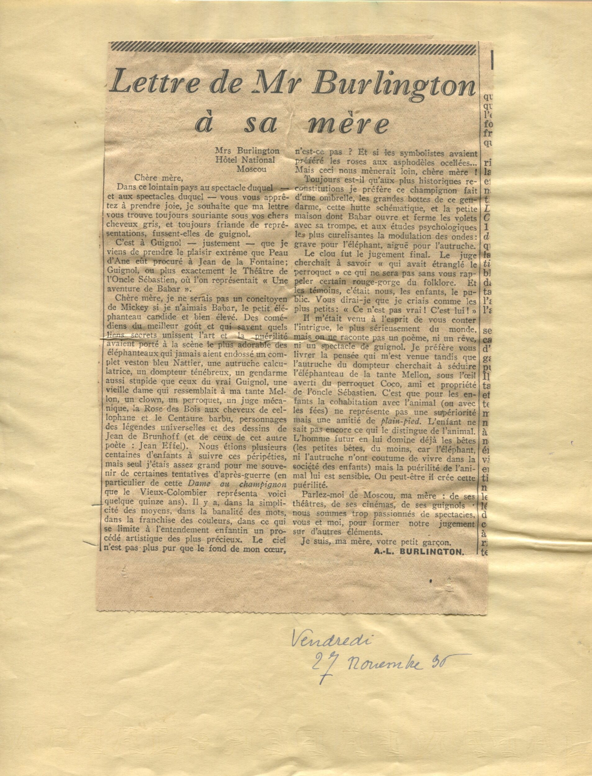 Coupure de presse, A.-L. Burlington, "Lettre de Mr Burlington à sa mère", Vendredi, 27 novembre 1936, SHT, Fonds Léon Chancerel, Boîte BIV (1)