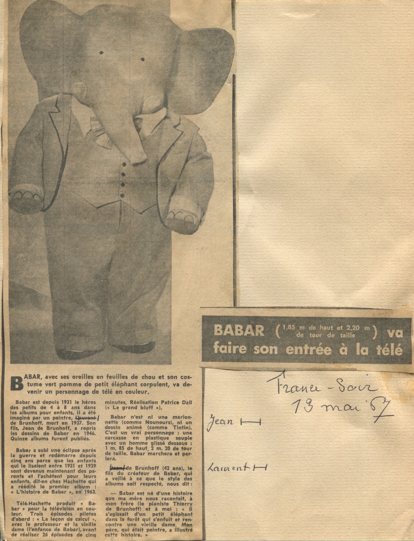 Coupure de presse, "Babar, 1, 85m de haut et 2,20m de tour de taille, va faire son entrée à la télé", France Soir, 13 mai 1967, SHT,  Fonds Léon Chancerel, Boîte BIV