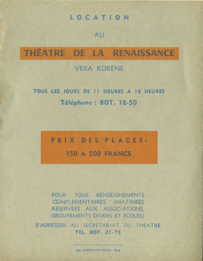 Programme promotionnel pour Une Aventure de Babar, dos, mise en scène B. Lajarrige au Théâtre de la Renaissance, 1957, SHT, Fonds Léon Chancerel, Boîte BIV (1)