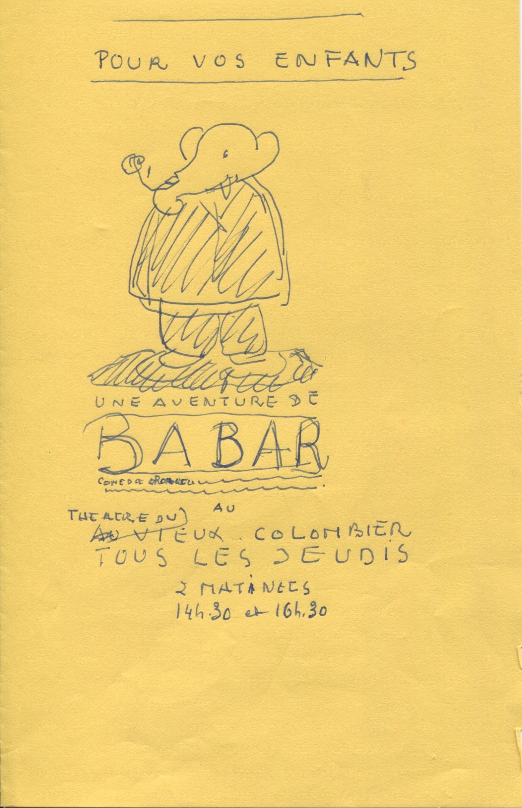 Ébauche à la main pour le programme promotionnel pour Une Aventure de Babar, mise en scène de B. Lajarrige, 1957, SHT, Fonds Léon Chancerel, Boîte BIV (1)