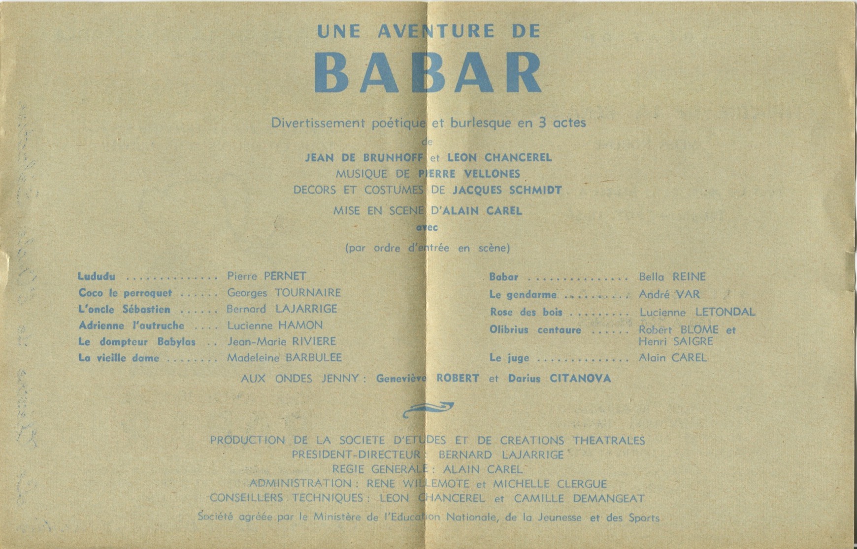 Programme promotionnel pour Une Aventure de Babar, pages centrales, mise en scène B. Lajarrige au Théâtre de la Renaissance, 1957, SHT, Fonds Léon Chancerel, Boîte BIV (1)